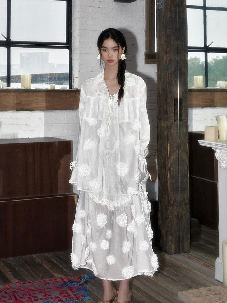 SENSELF White Polka Dot Patchwork Modern Mandarin Women's Semi Transparent Sheer Shirts