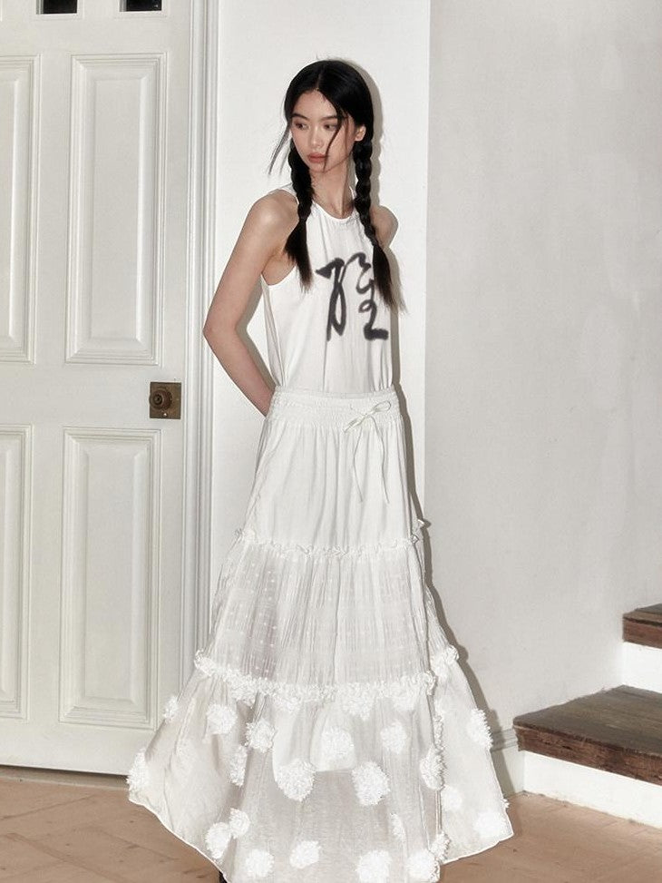 SENSELF White Printed New Chinese Style T Shirt Women's Casual Maxi Dresses