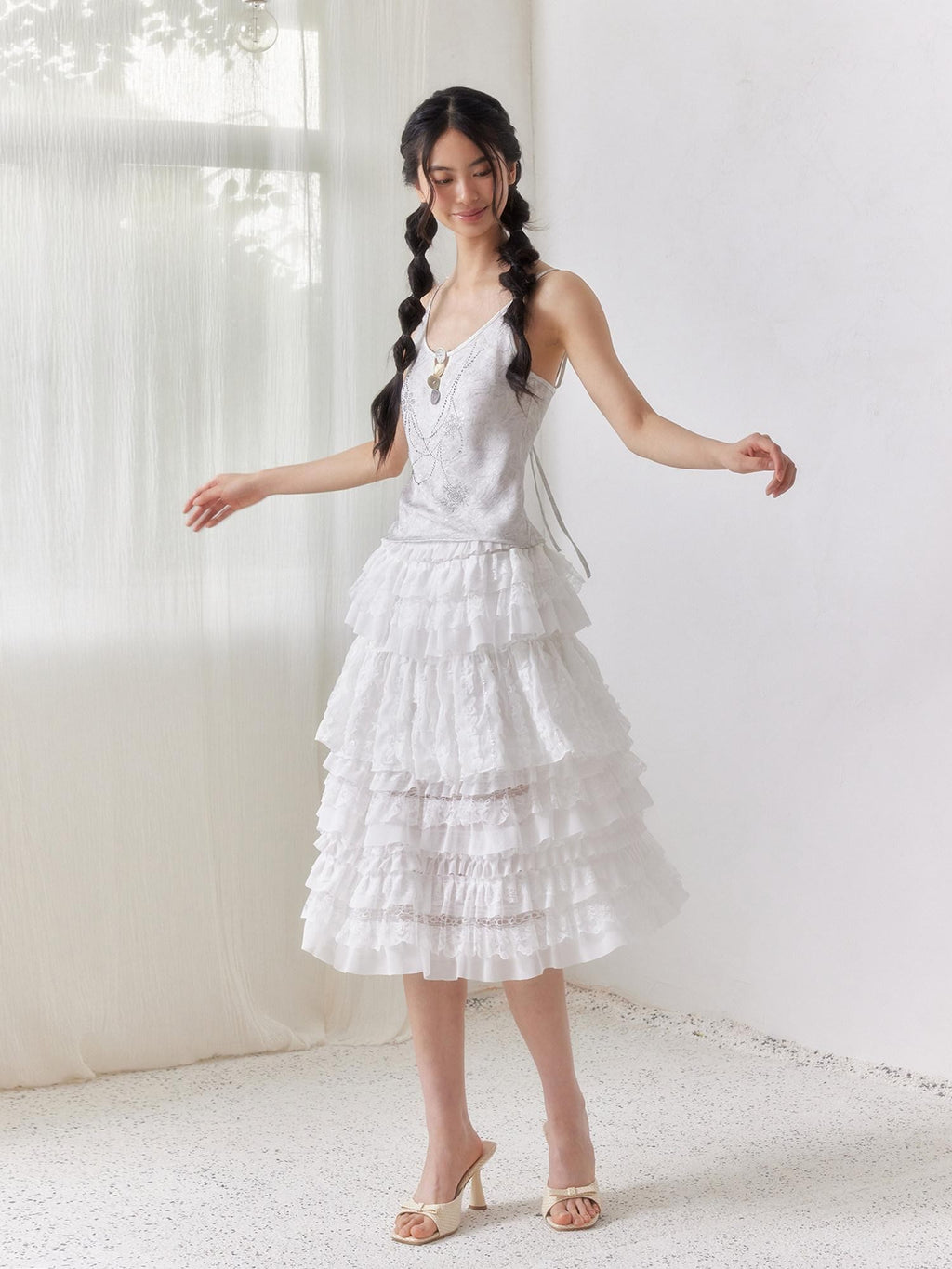 SENSELF White Ruffled Lace Irregular Patchwork Women's Mesh Tulle Tiered Skirts
