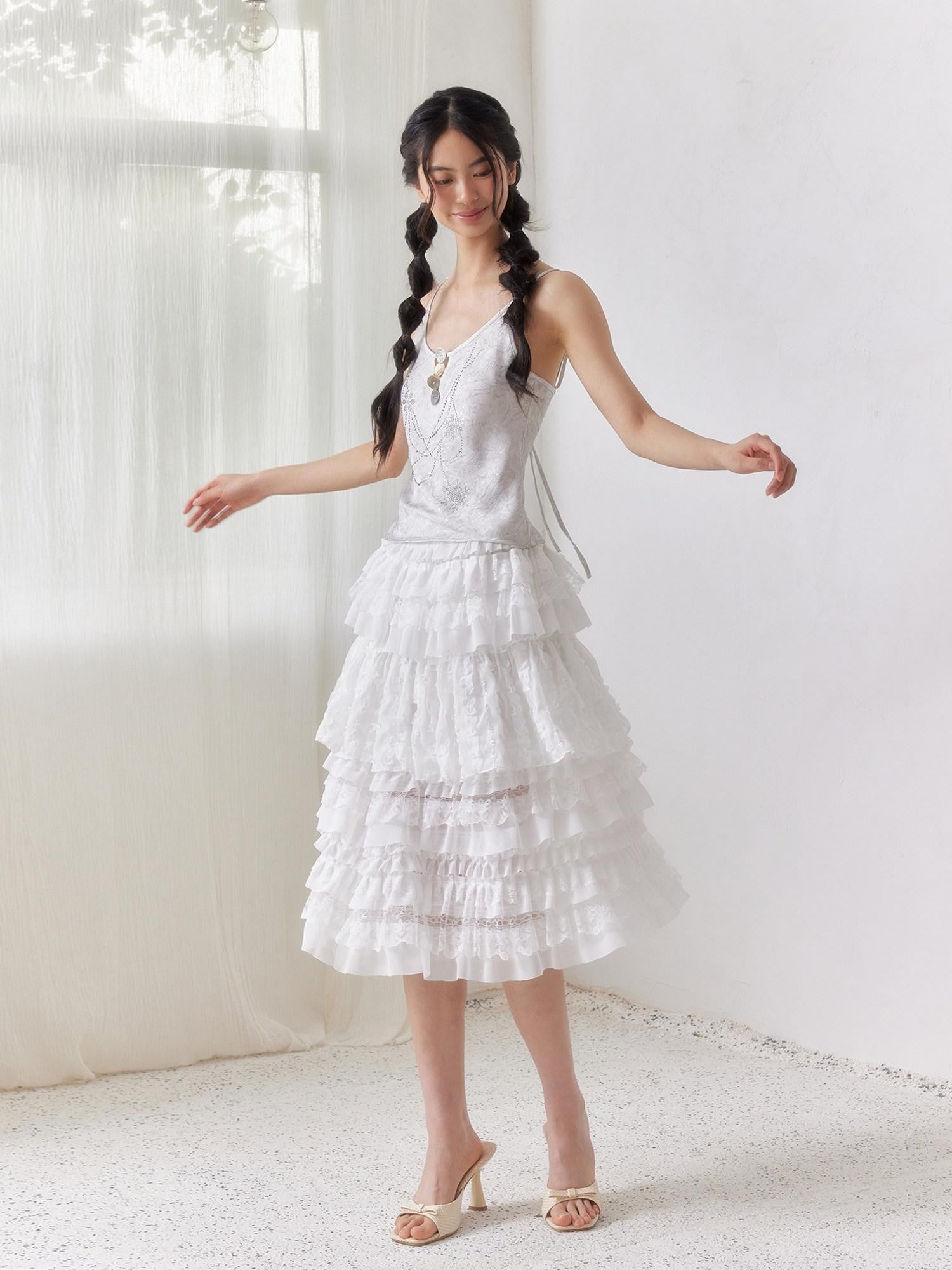 SENSELF White Ruffled Lace Irregular Patchwork Women's Mesh Tulle Tiered Skirts