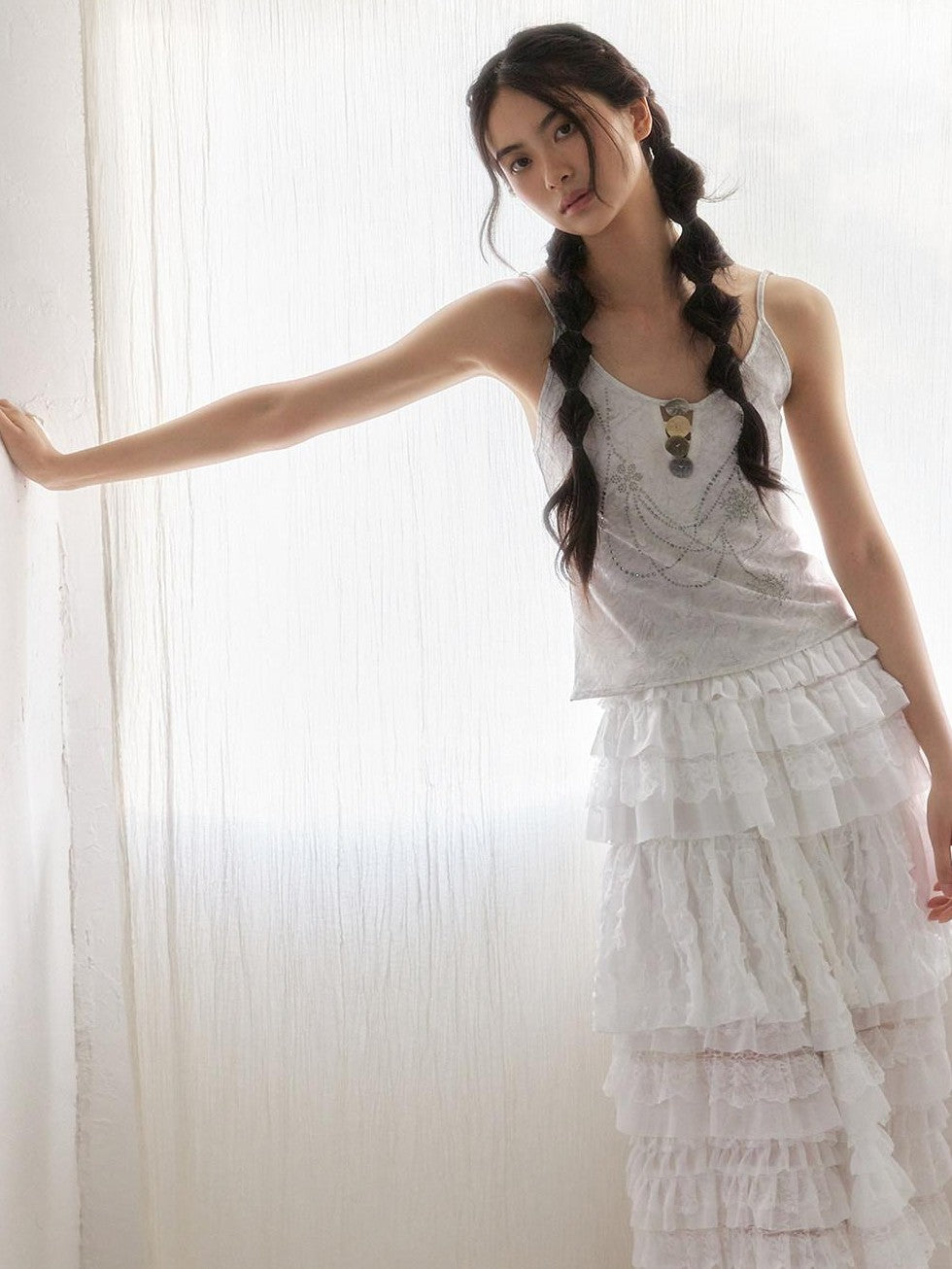 SENSELF White Ruffled Lace Irregular Patchwork Women's Mesh Tulle Tiered Skirts