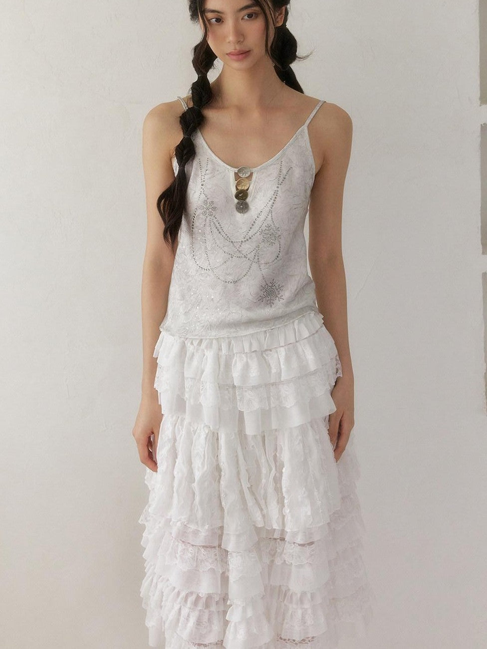 SENSELF White Ruffled Lace Irregular Patchwork Women's Mesh Tulle Tiered Skirts