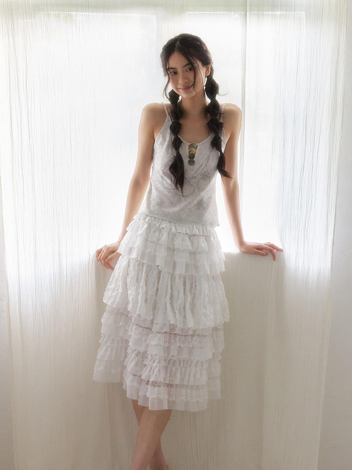 SENSELF White Ruffled Lace Irregular Patchwork Women's Mesh Tulle Tiered Skirts