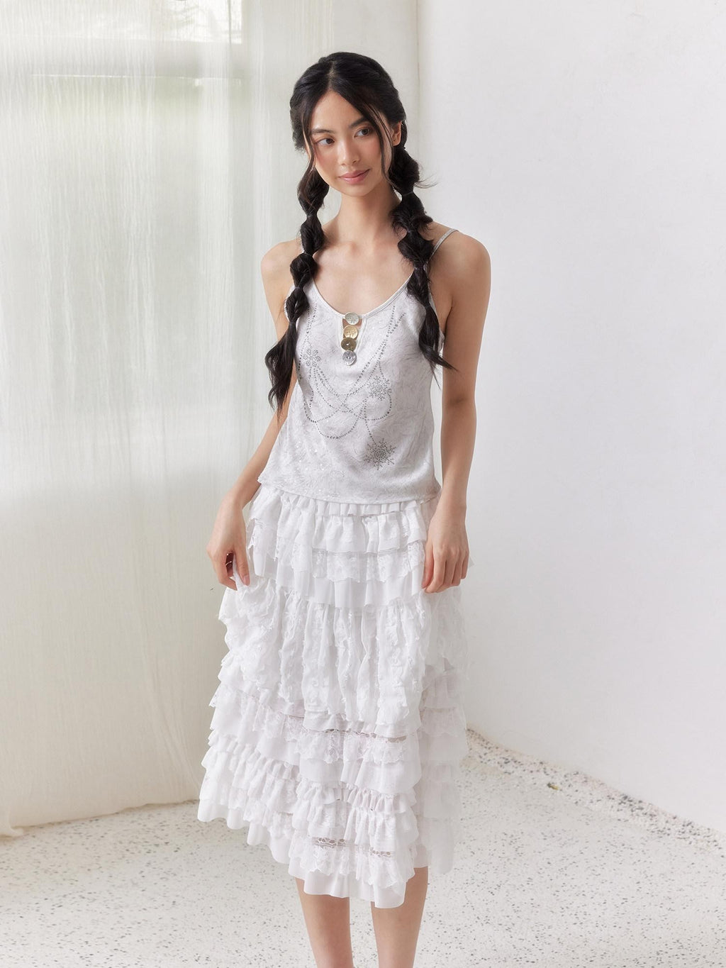 SENSELF White Ruffled Lace Irregular Patchwork Women's Mesh Tulle Tiered Skirts