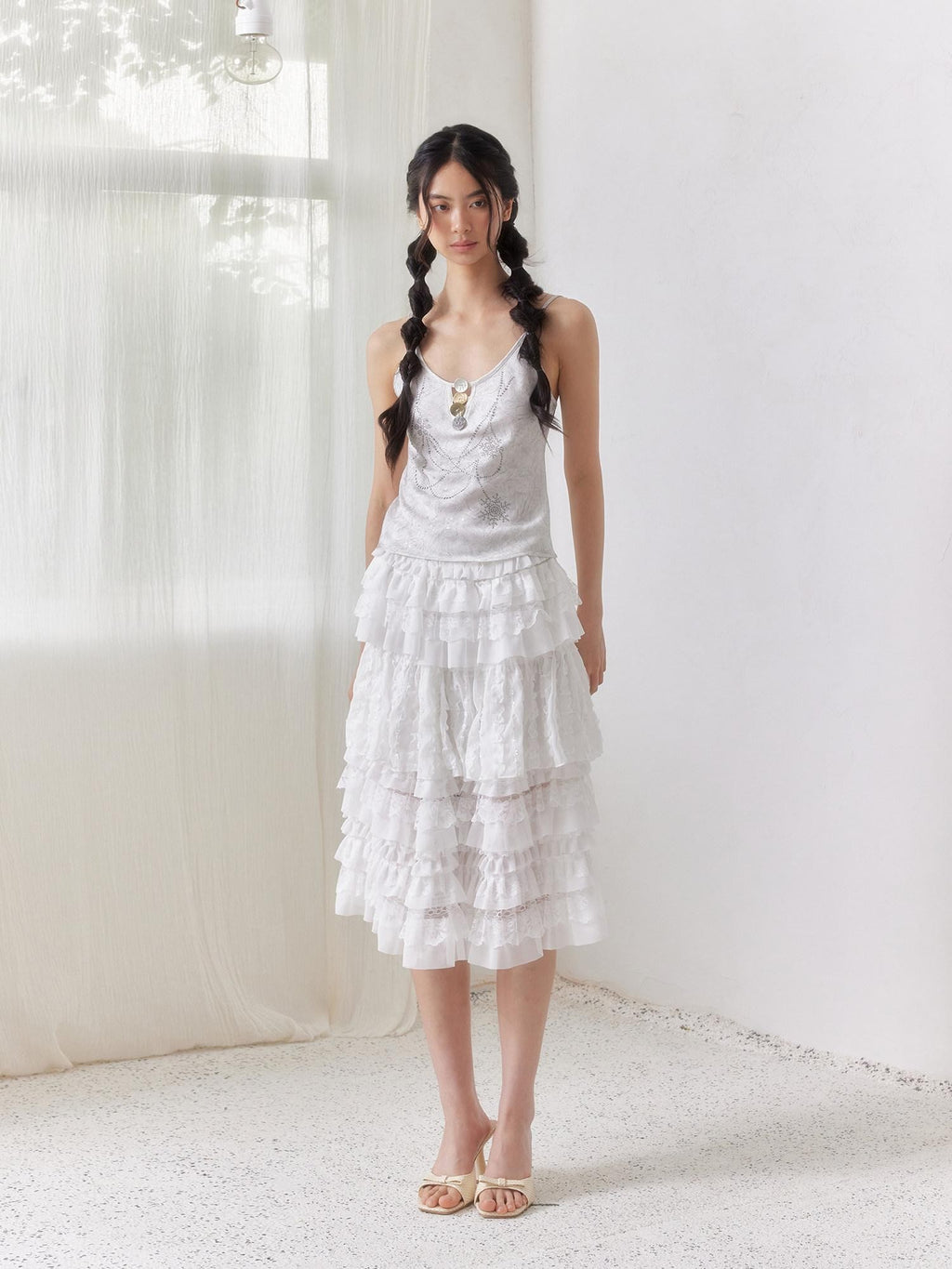 SENSELF White Ruffled Lace Irregular Patchwork Women's Mesh Tulle Tiered Skirts