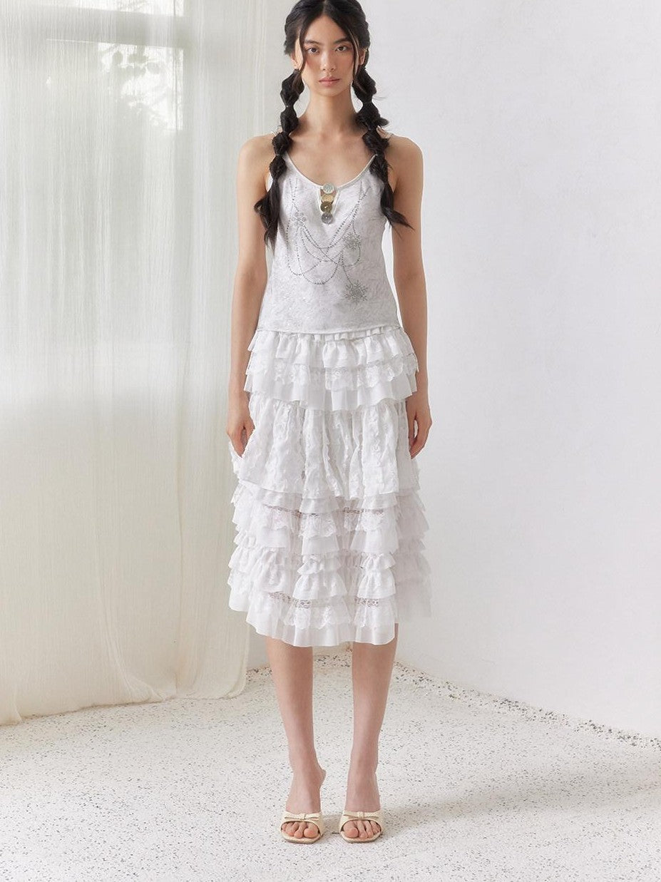 SENSELF White Ruffled Lace Irregular Patchwork Women's Mesh Tulle Tiered Skirts