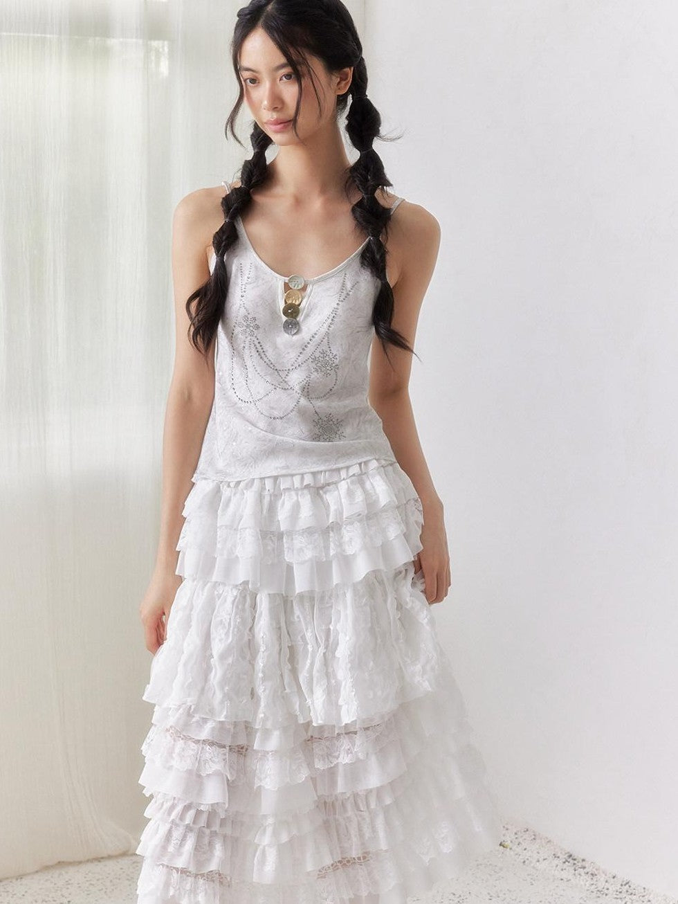 SENSELF White Ruffled Lace Irregular Patchwork Women's Mesh Tulle Tiered Skirts