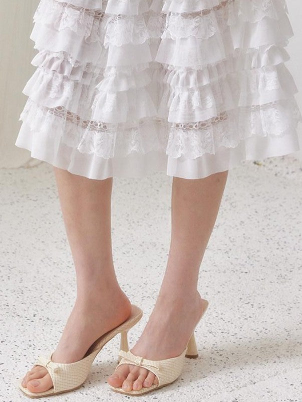 SENSELF White Ruffled Lace Irregular Patchwork Women's Mesh Tulle Tiered Skirts