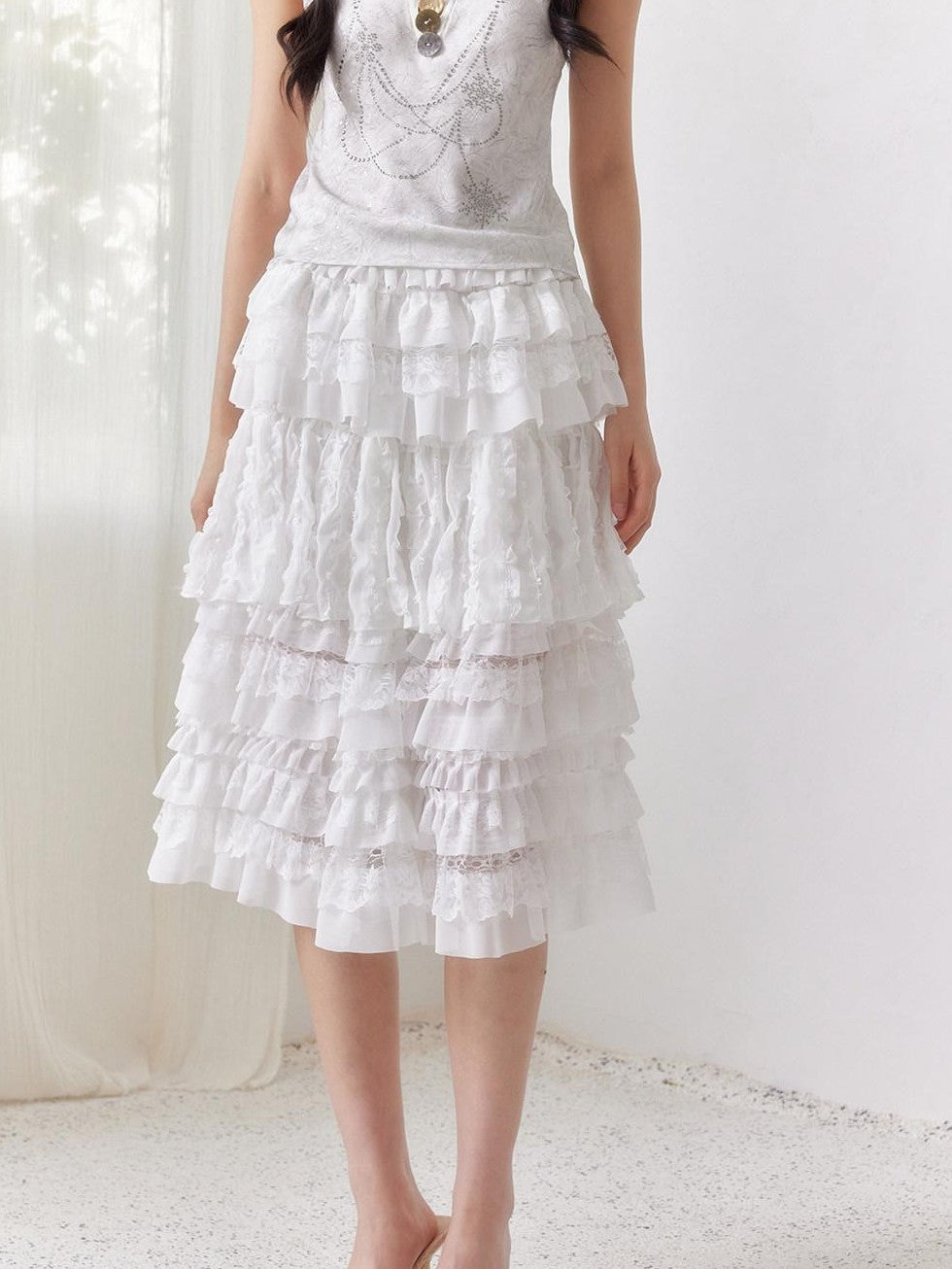 SENSELF White Ruffled Lace Irregular Patchwork Women's Mesh Tulle Tiered Skirts