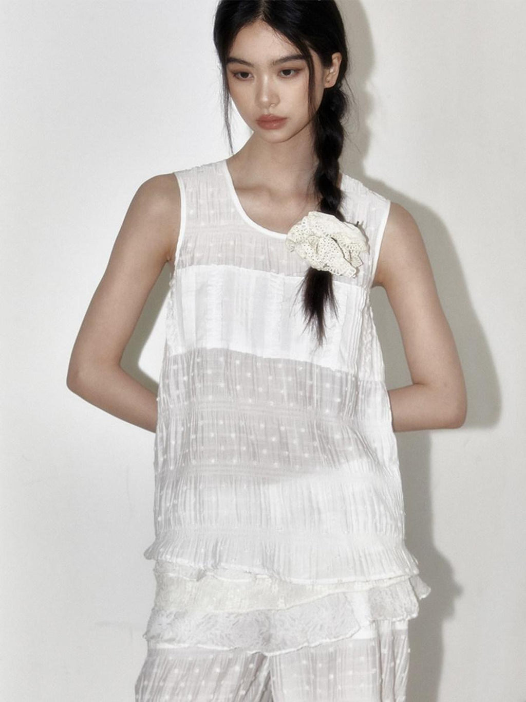 SENSELF White Spliced Polka Dot New Chinese Style Crew Neck Women's Tank Tops