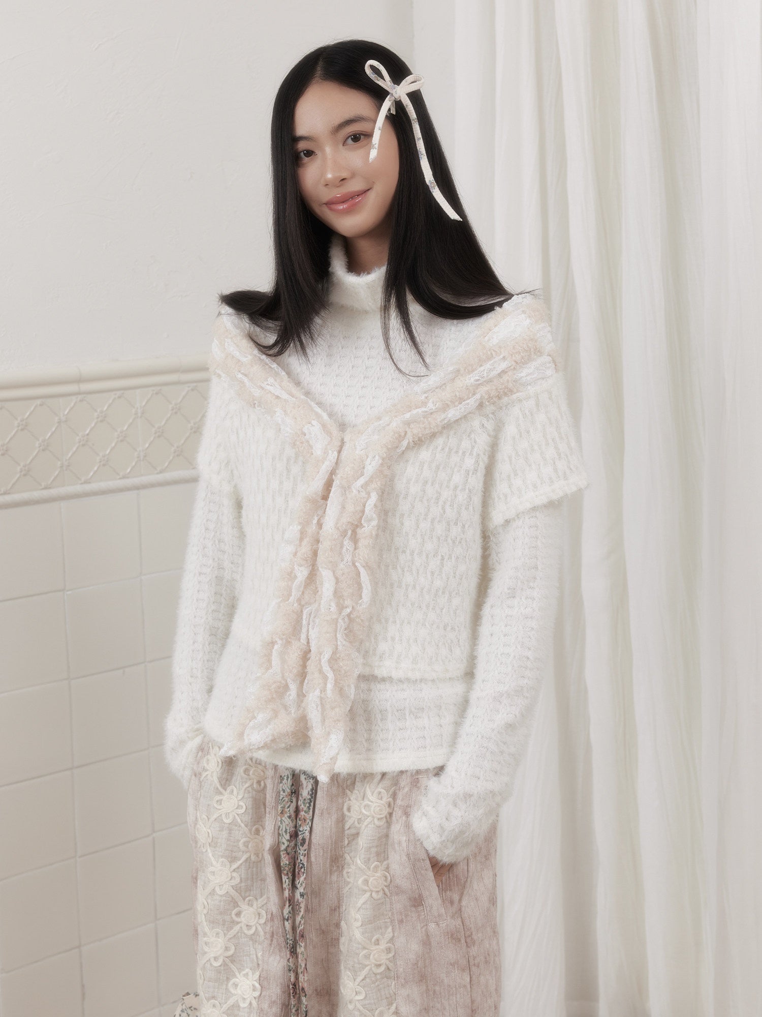 SENSELF_White_Striped_Two_Piece_Bolero_Women's_Plush_Knit_Pullover_Sweaters_988720425496_MISSTT