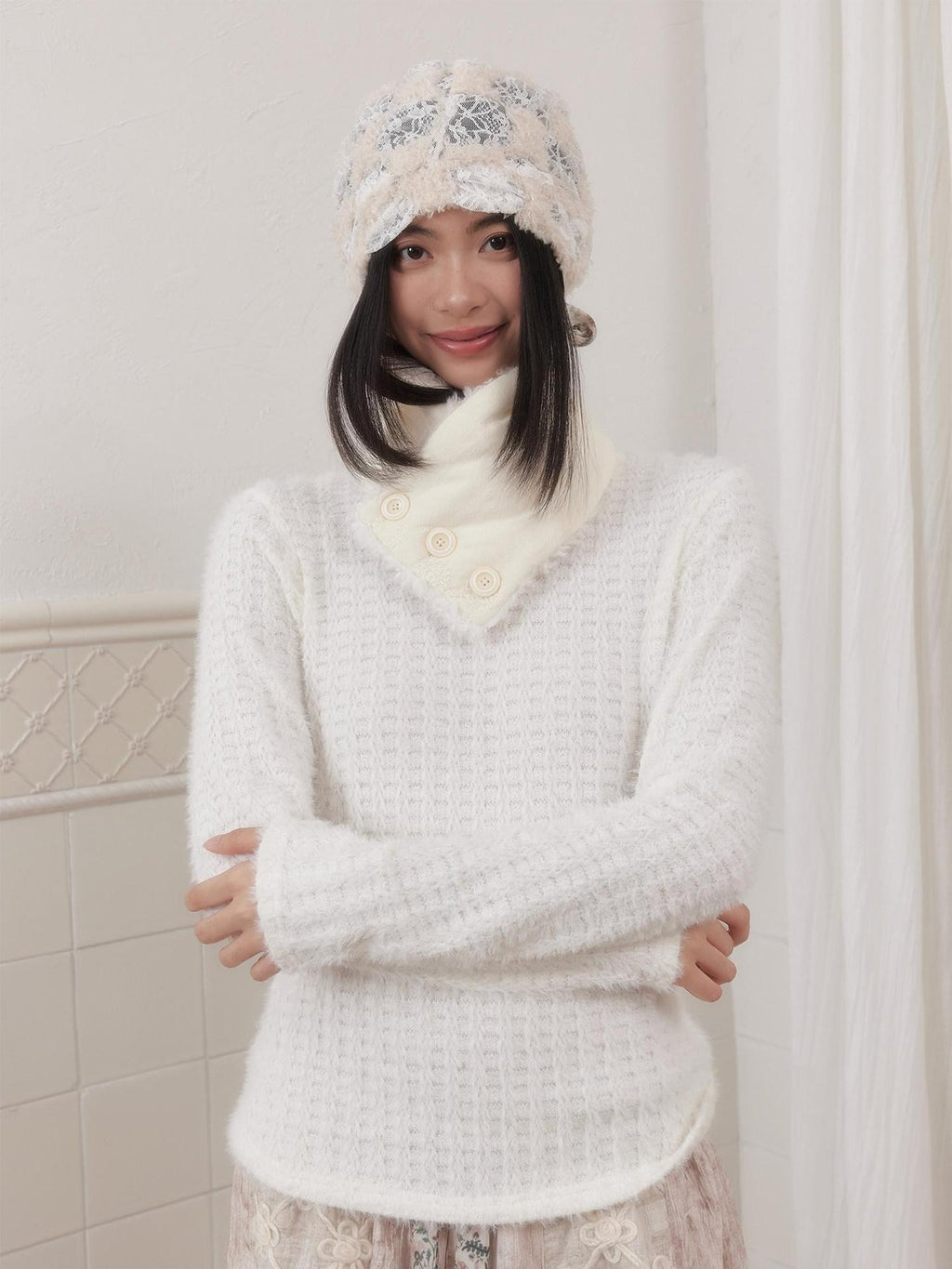 SENSELF White Striped Two Piece Bolero Women's Plush Knit Pullover Sweaters