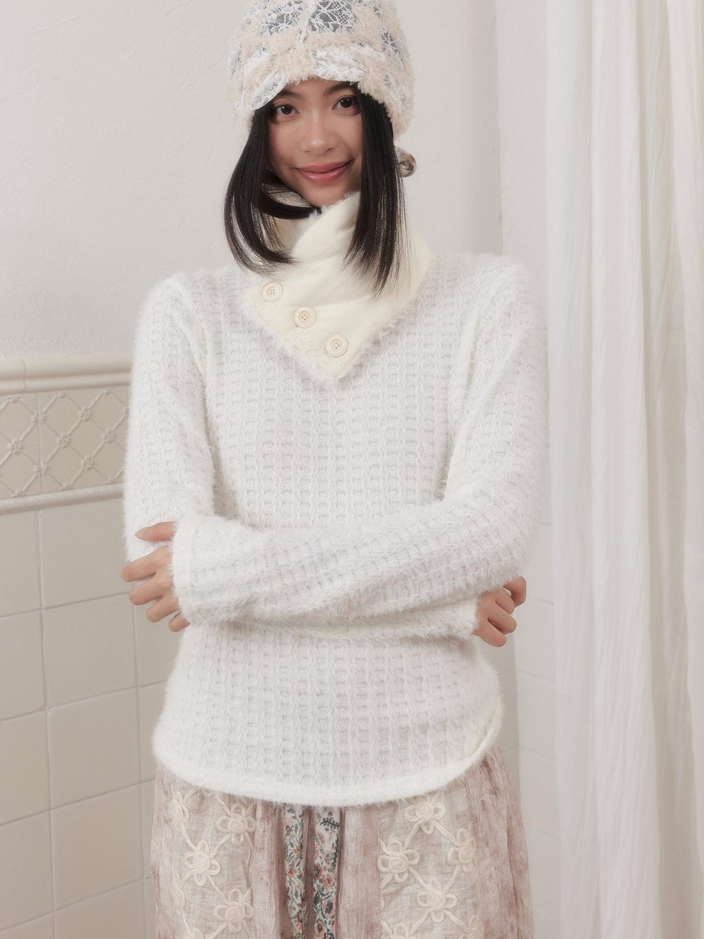 SENSELF White Striped Two Piece Bolero Women's Plush Knit Pullover Sweaters