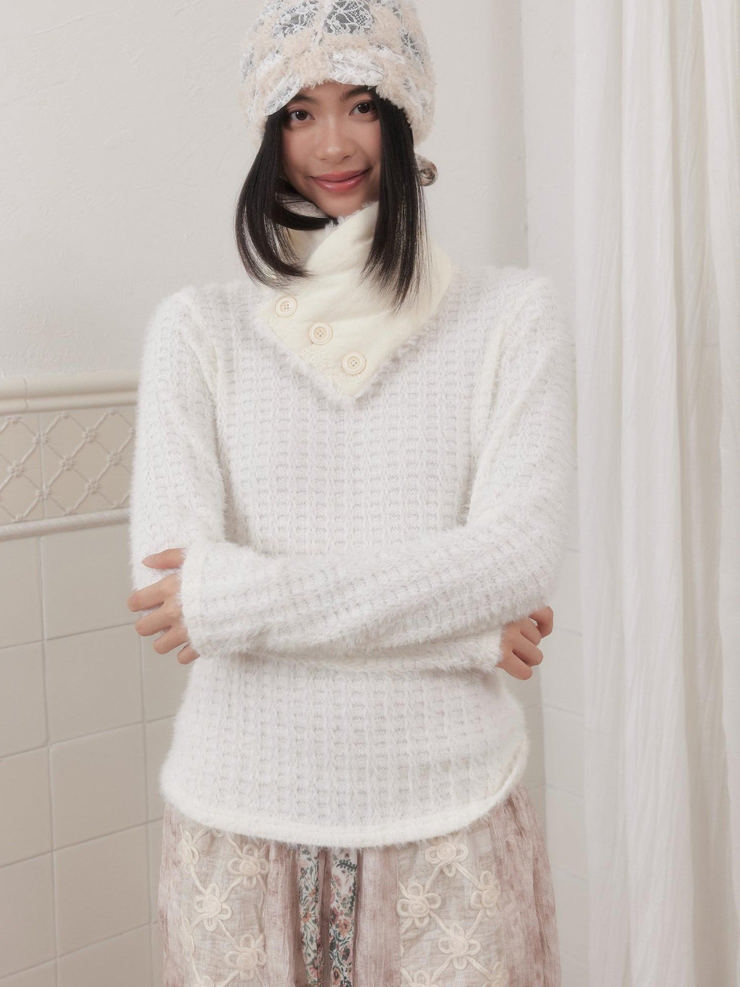SENSELF White Striped Two Piece Bolero Women's Plush Knit Pullover Sweaters