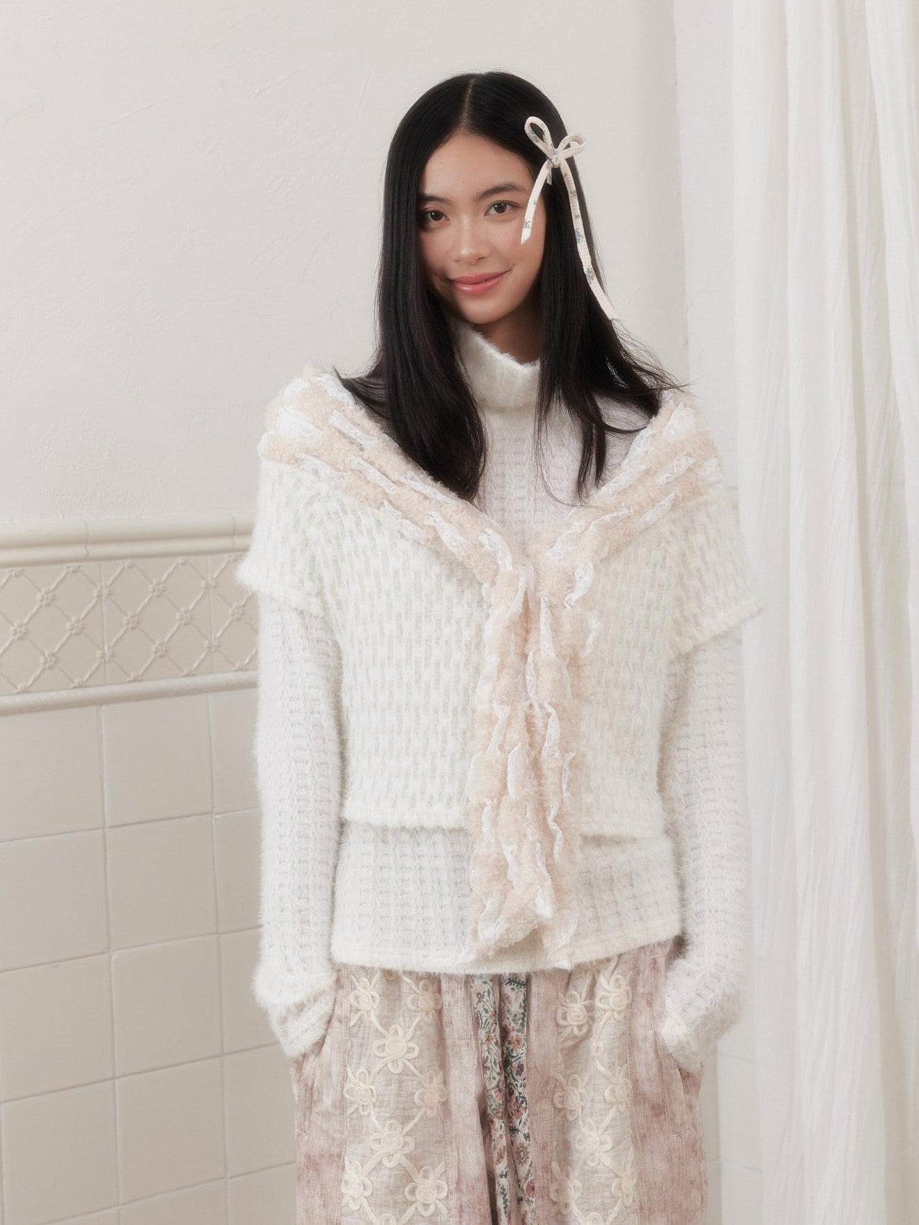 SENSELF White Striped Two Piece Bolero Women's Plush Knit Pullover Sweaters