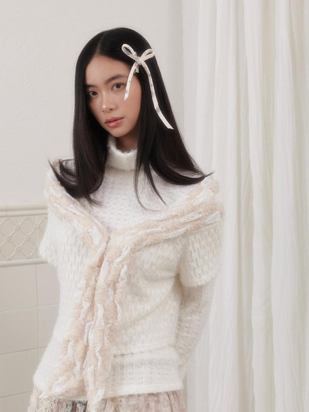 SENSELF White Striped Two Piece Bolero Women's Plush Knit Pullover Sweaters