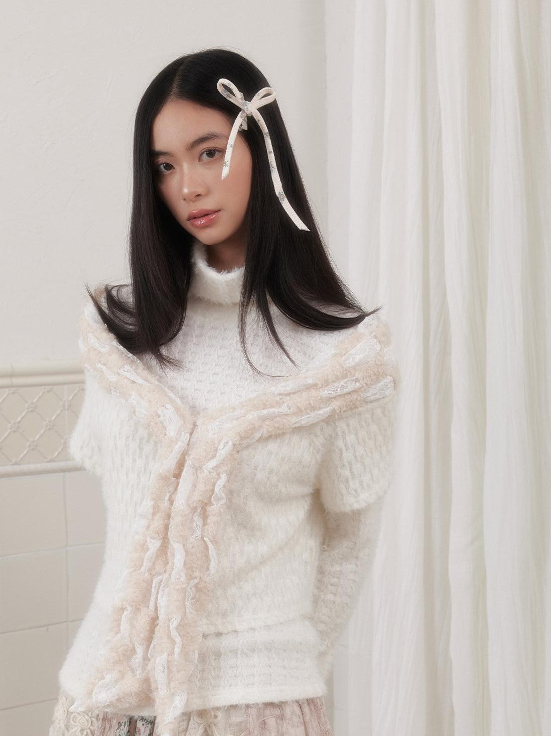 SENSELF White Striped Two Piece Bolero Women's Plush Knit Pullover Sweaters