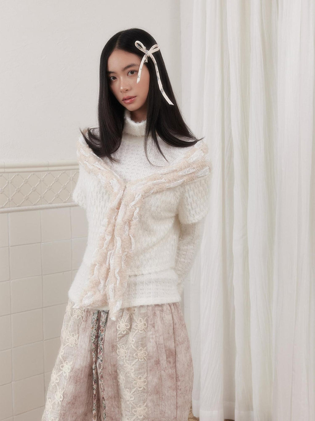 SENSELF White Striped Two Piece Bolero Women's Plush Knit Pullover Sweaters