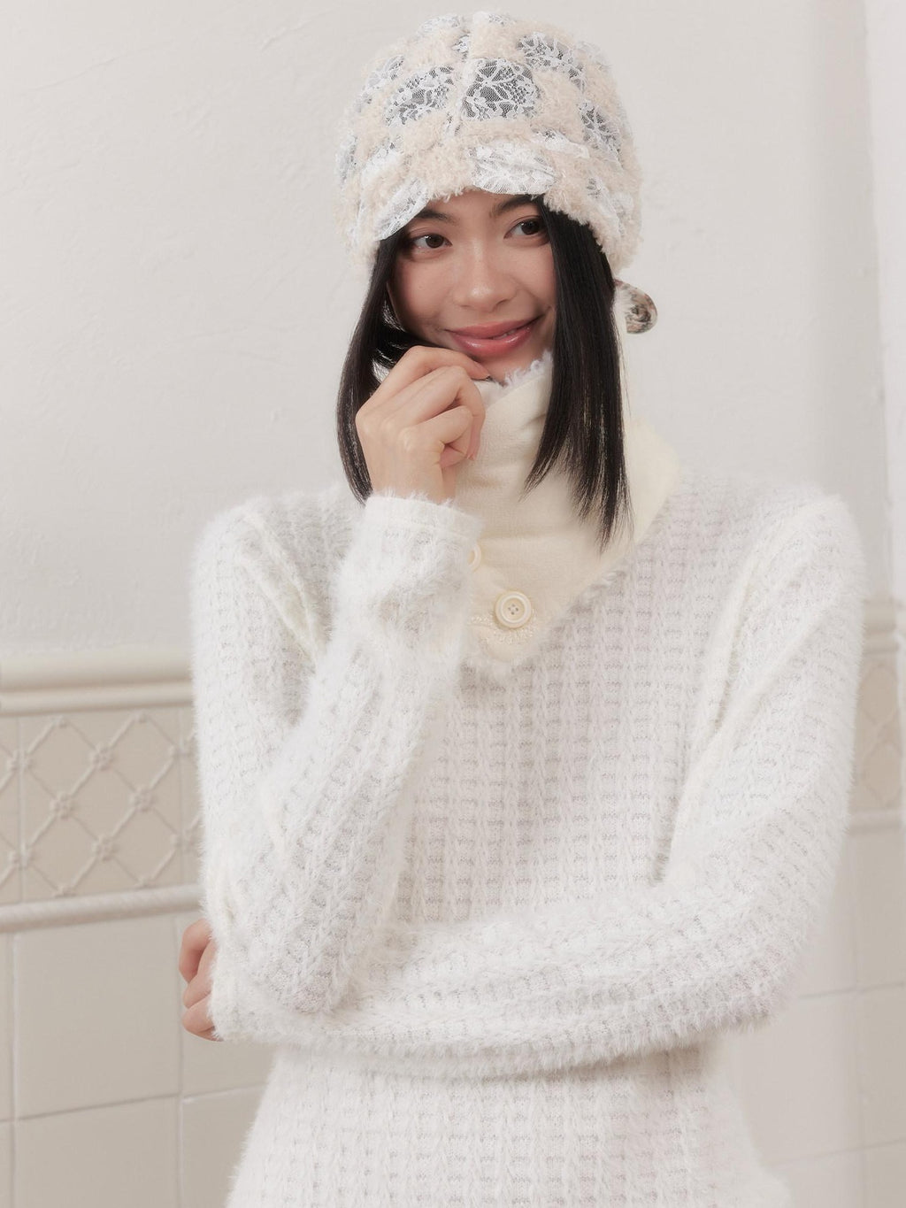 SENSELF White Striped Two Piece Bolero Women's Plush Knit Pullover Sweaters
