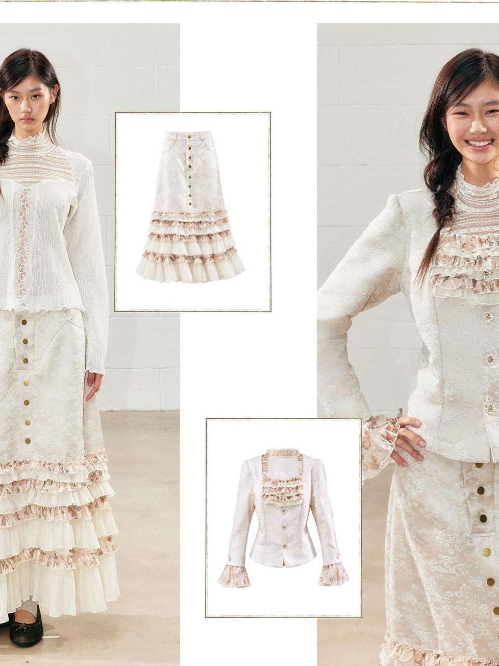 SENSELF White Vintage High Neck Lace Knit Slim Fit Women's Long Sleeve T-shirts
