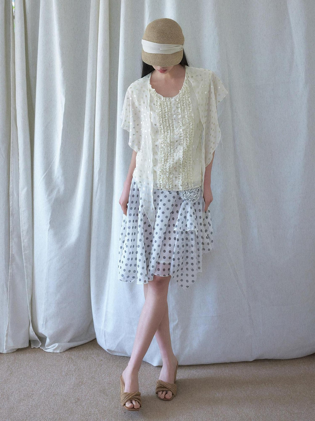 SENSELF White Vintage Polka Dot Floral Lace Asymmetrical Low Waist Women's Midi Skirts