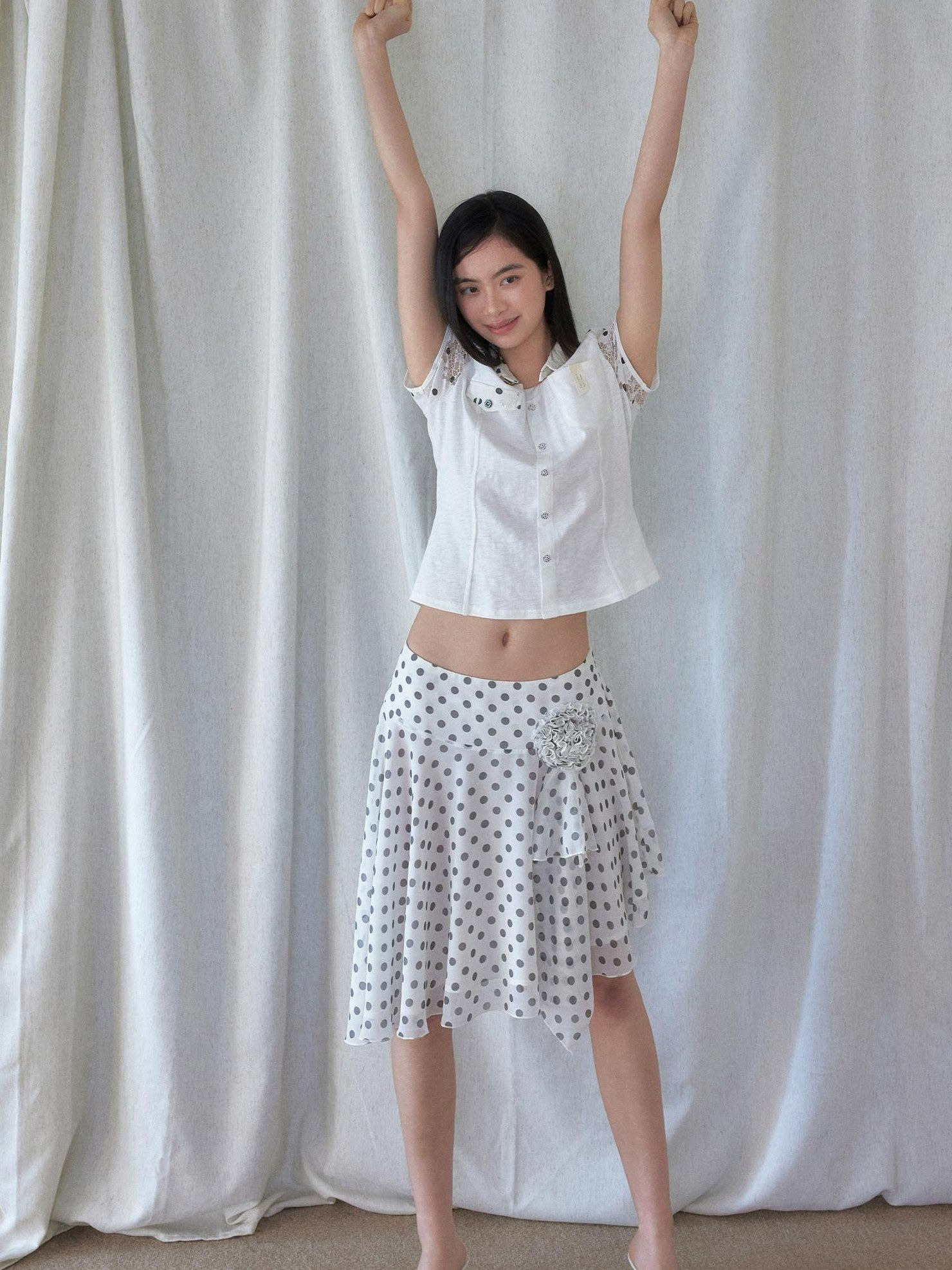 SENSELF White Vintage Polka Dot Floral Lace Asymmetrical Low Waist Women's Midi Skirts