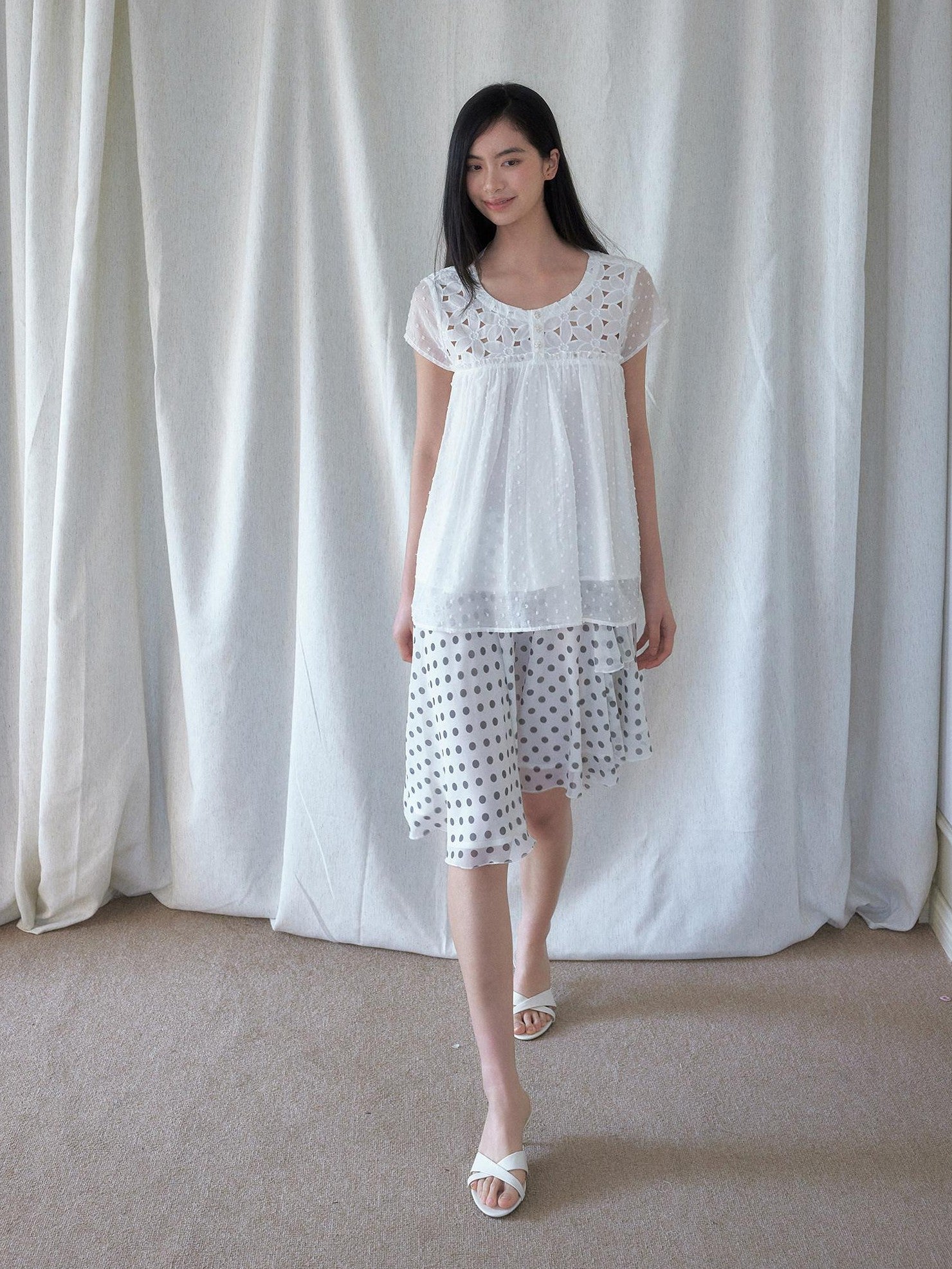 SENSELF White Vintage Polka Dot Floral Lace Asymmetrical Low Waist Women's Midi Skirts