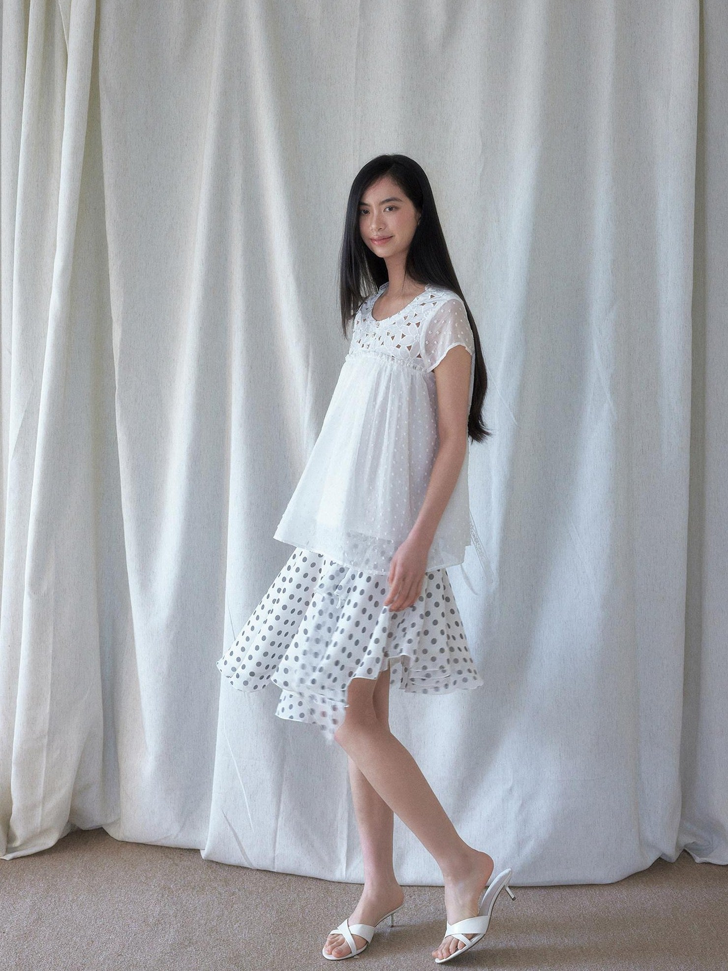 SENSELF White Vintage Polka Dot Floral Lace Asymmetrical Low Waist Women's Midi Skirts