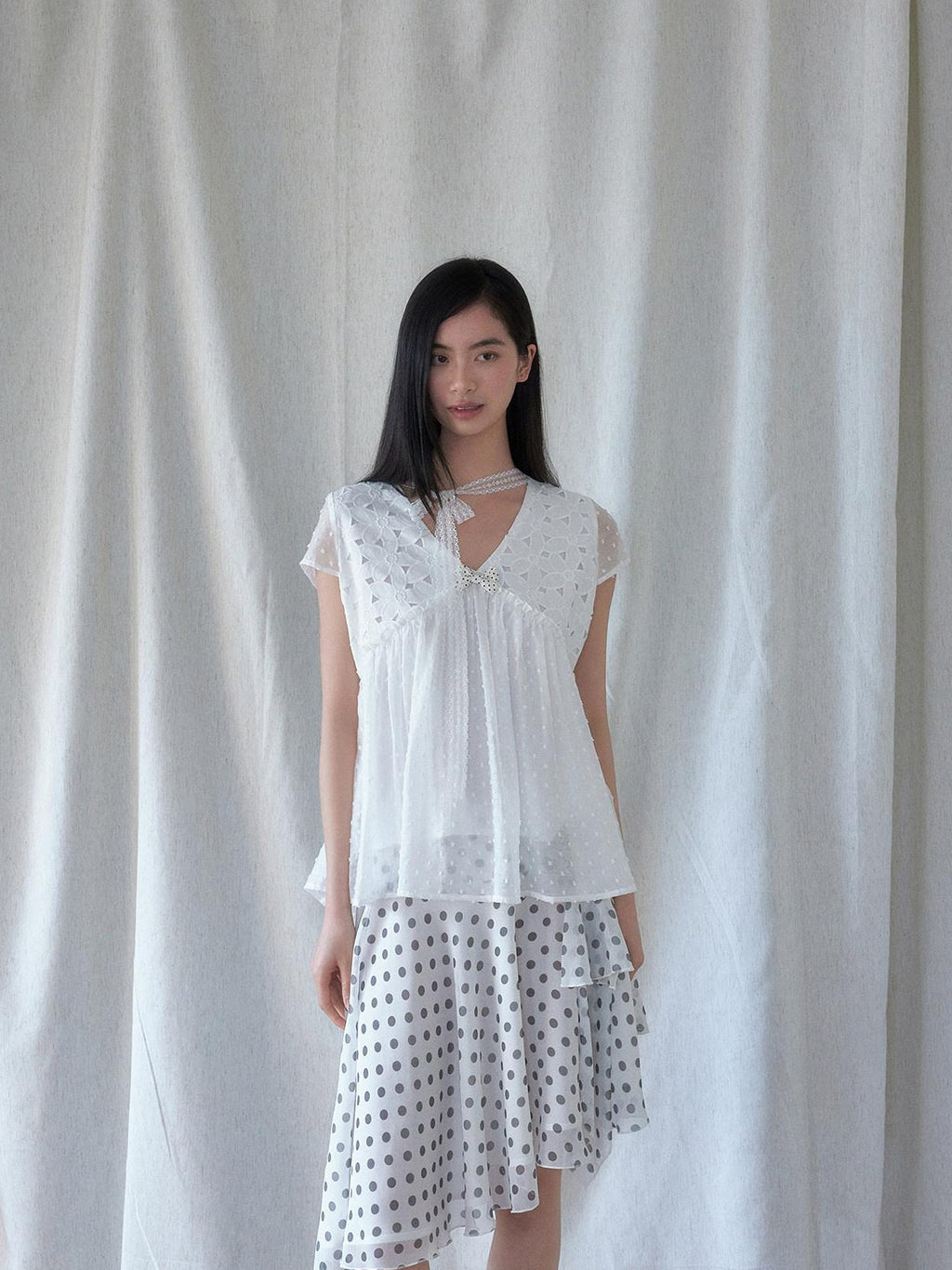 SENSELF White Vintage Polka Dot Floral Lace Asymmetrical Low Waist Women's Midi Skirts