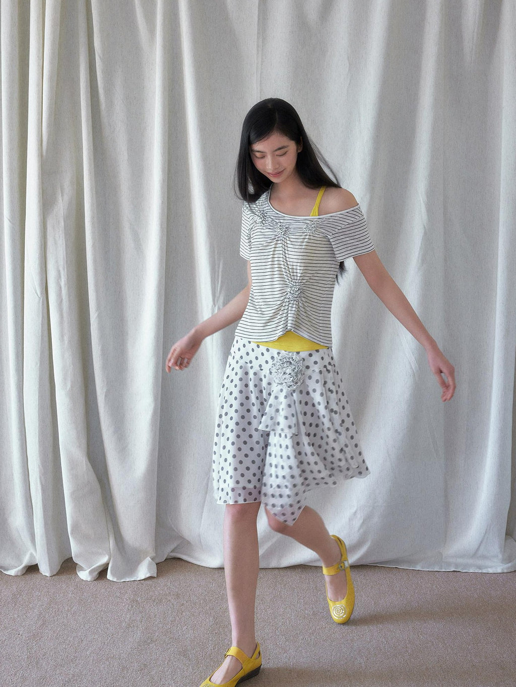 SENSELF White Vintage Polka Dot Floral Lace Asymmetrical Low Waist Women's Midi Skirts
