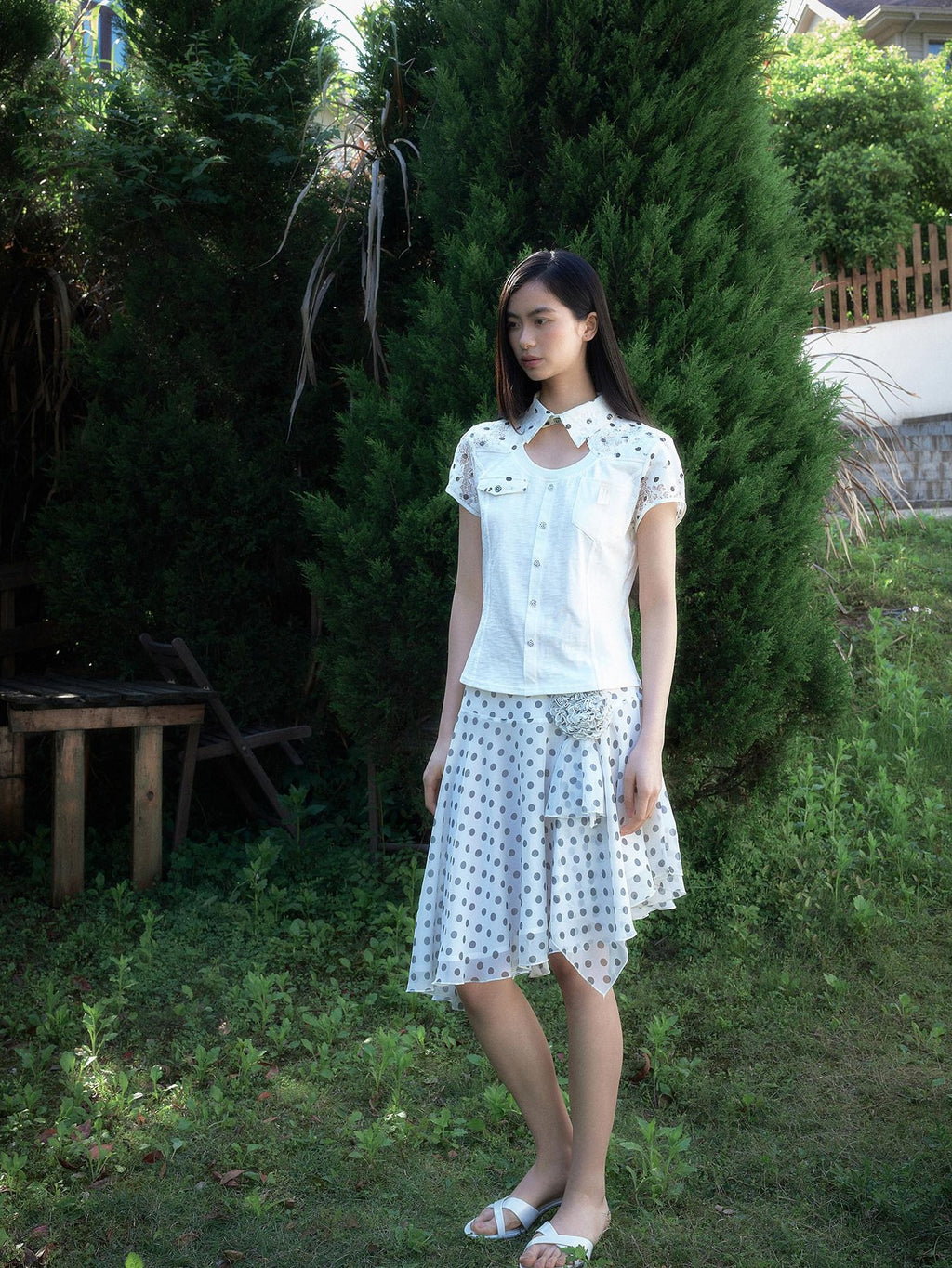 SENSELF White Vintage Polka Dot Floral Lace Asymmetrical Low Waist Women's Midi Skirts