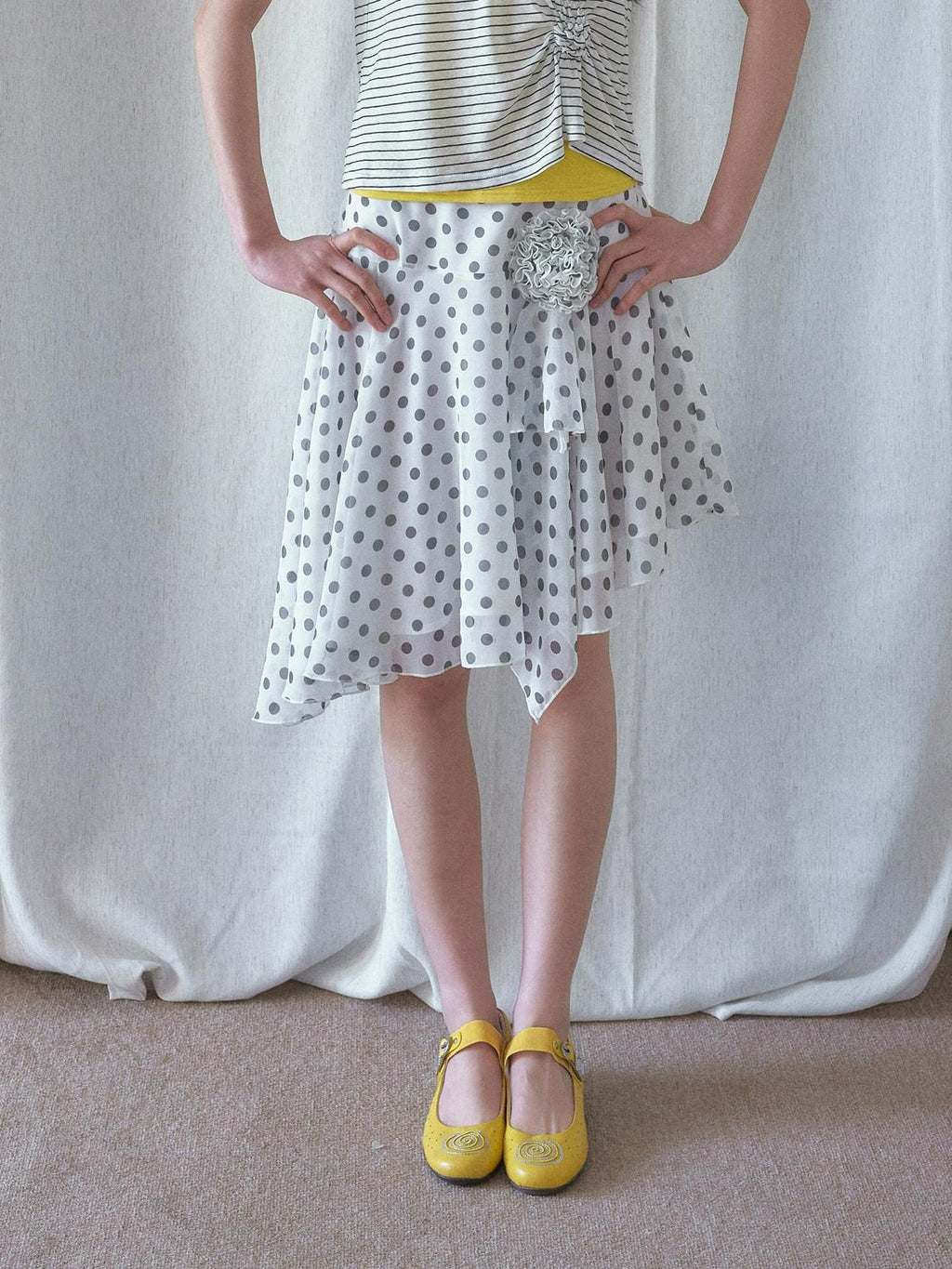 SENSELF White Vintage Polka Dot Floral Lace Asymmetrical Low Waist Women's Midi Skirts