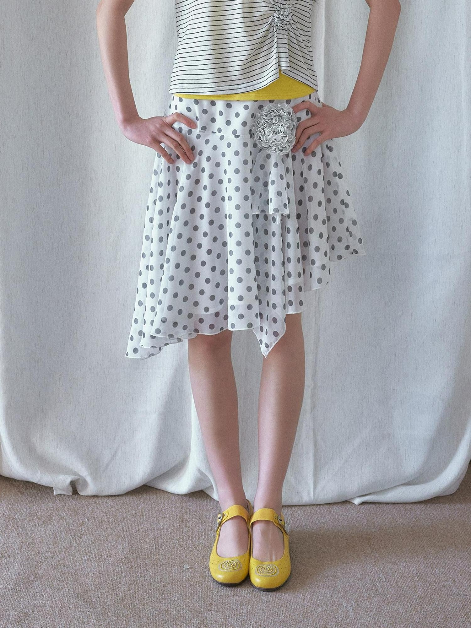 SENSELF White Vintage Polka Dot Floral Lace Asymmetrical Low Waist Women's Midi Skirts