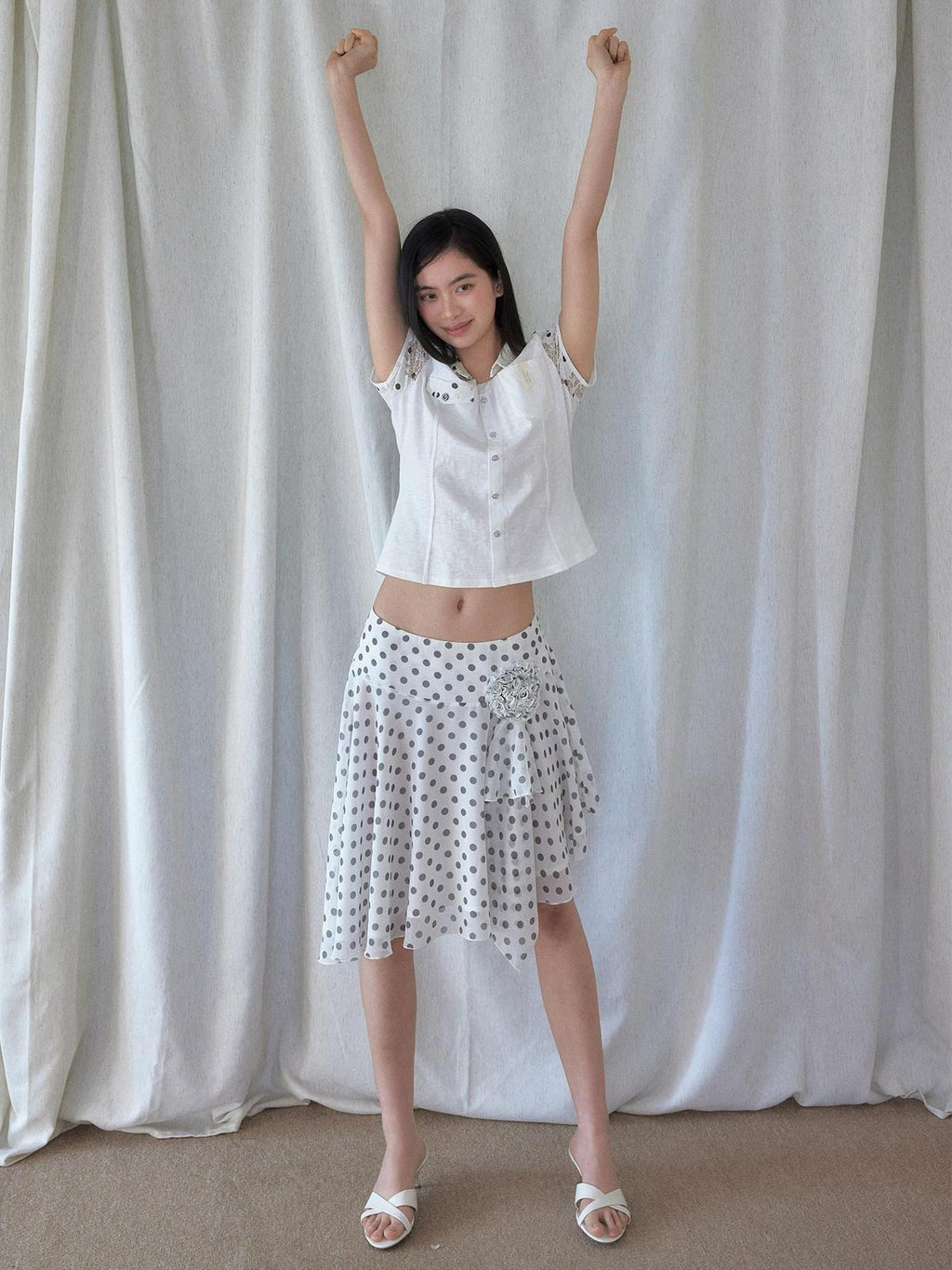SENSELF White Vintage Polka Dot Floral Lace Asymmetrical Low Waist Women's Midi Skirts