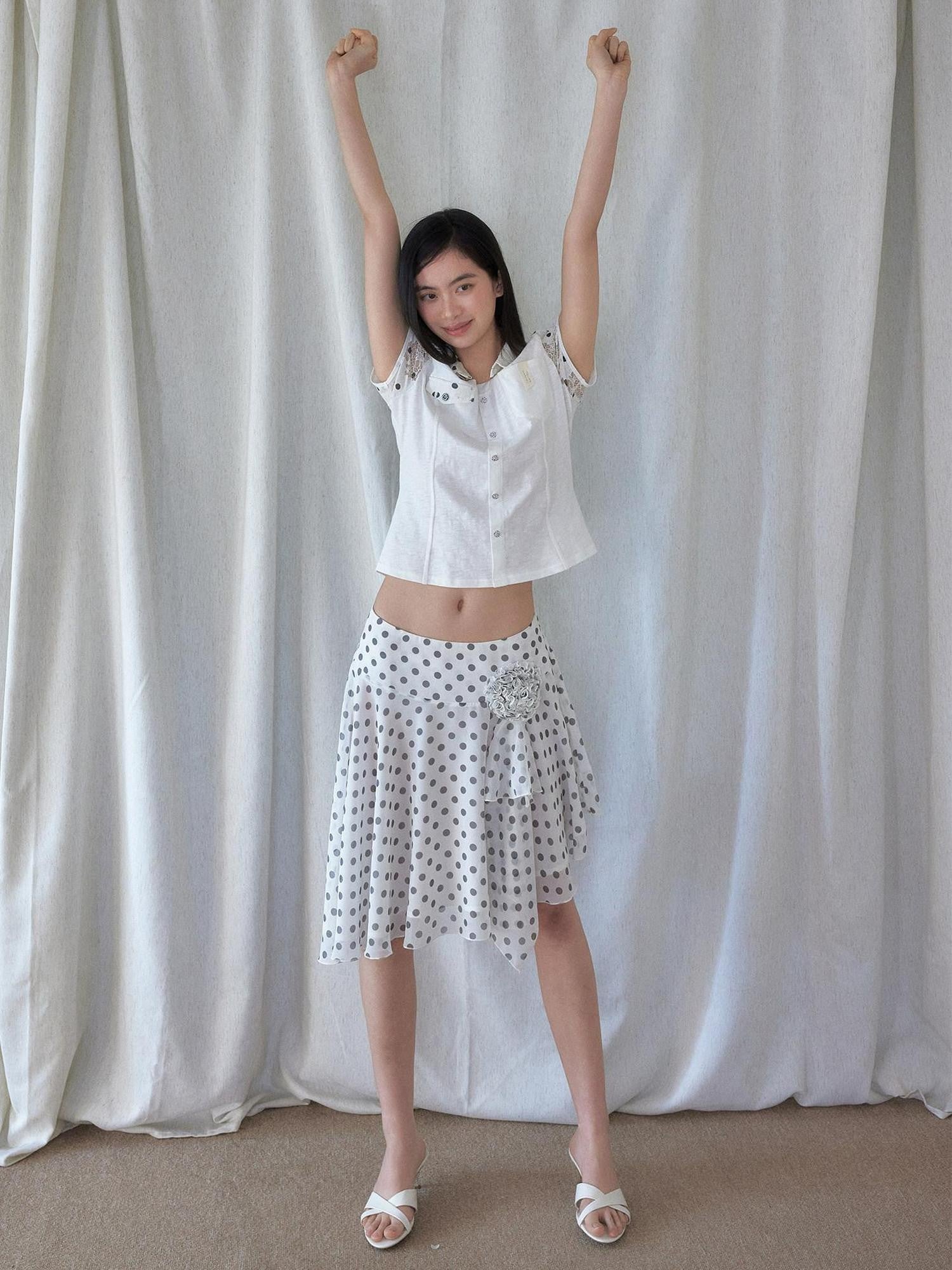 SENSELF White Vintage Polka Dot Floral Lace Asymmetrical Low Waist Women's Midi Skirts