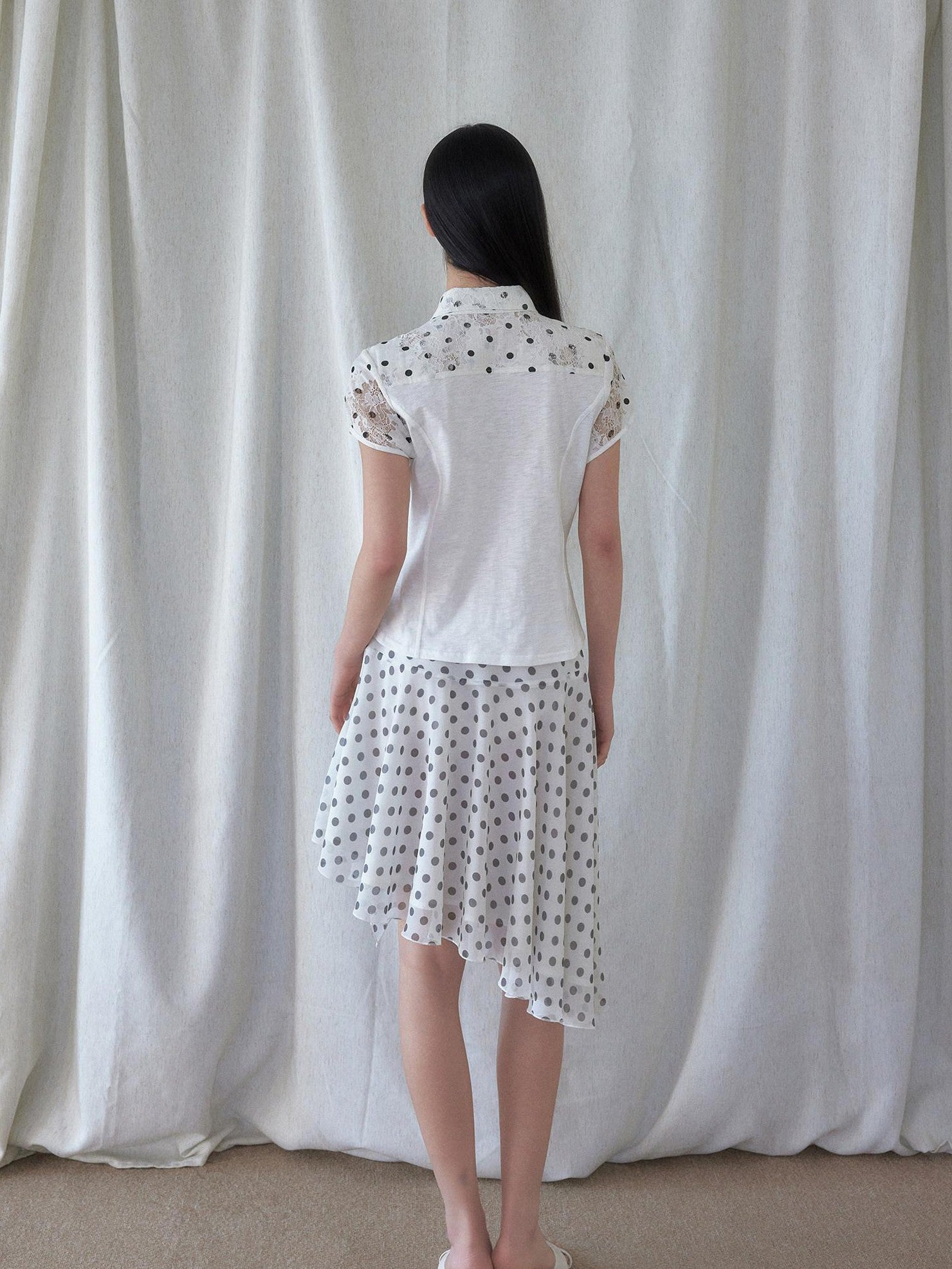 SENSELF White Vintage Polka Dot Floral Lace Asymmetrical Low Waist Women's Midi Skirts