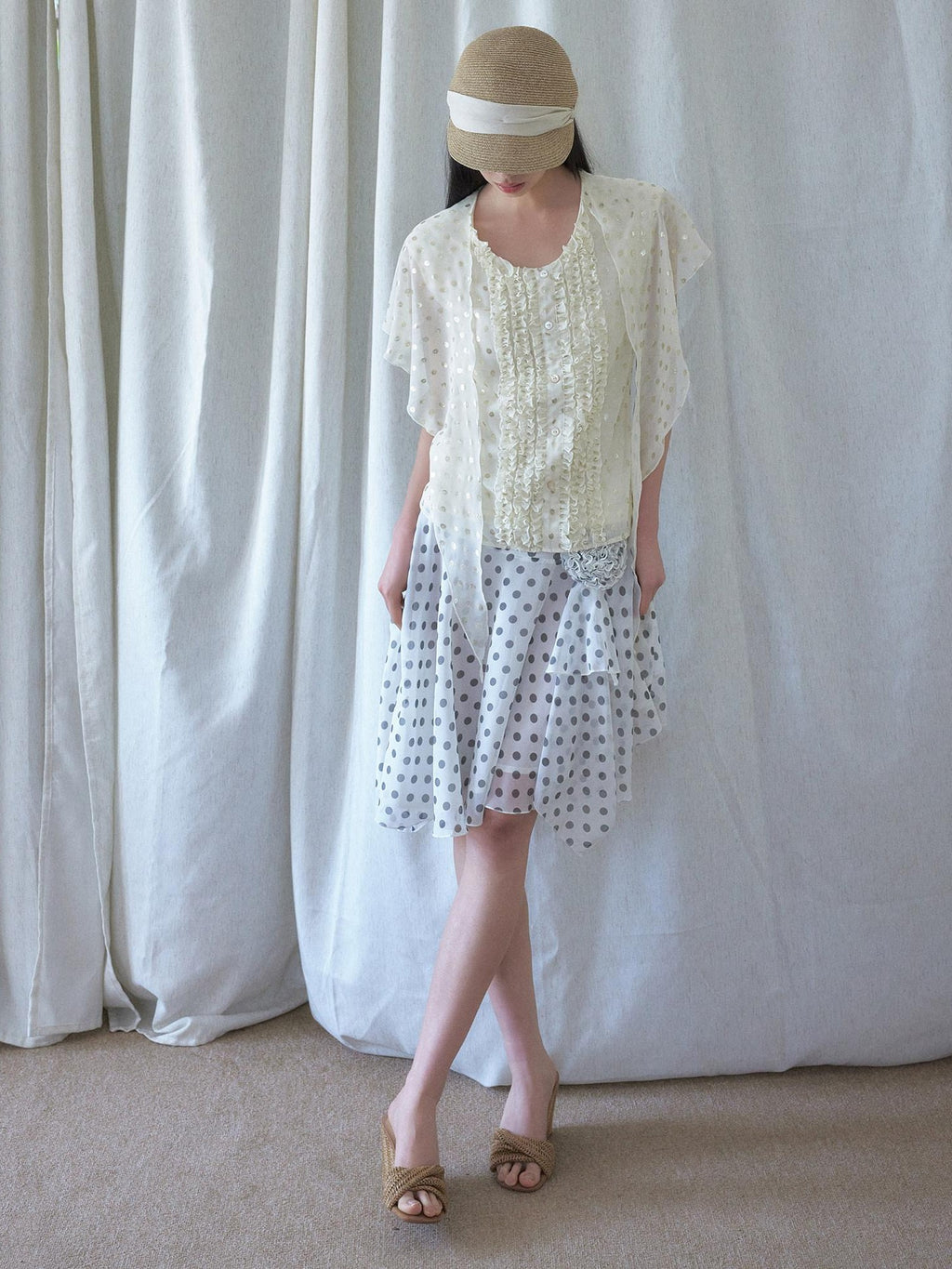 SENSELF White Vintage Polka Dot Floral Lace Asymmetrical Low Waist Women's Midi Skirts