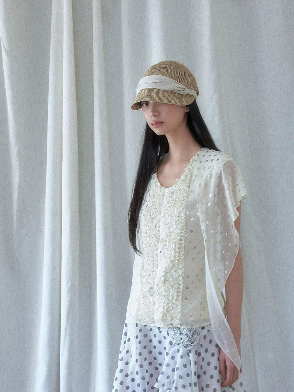 SENSELF White Vintage Polka Dot Floral Lace Asymmetrical Low Waist Women's Midi Skirts