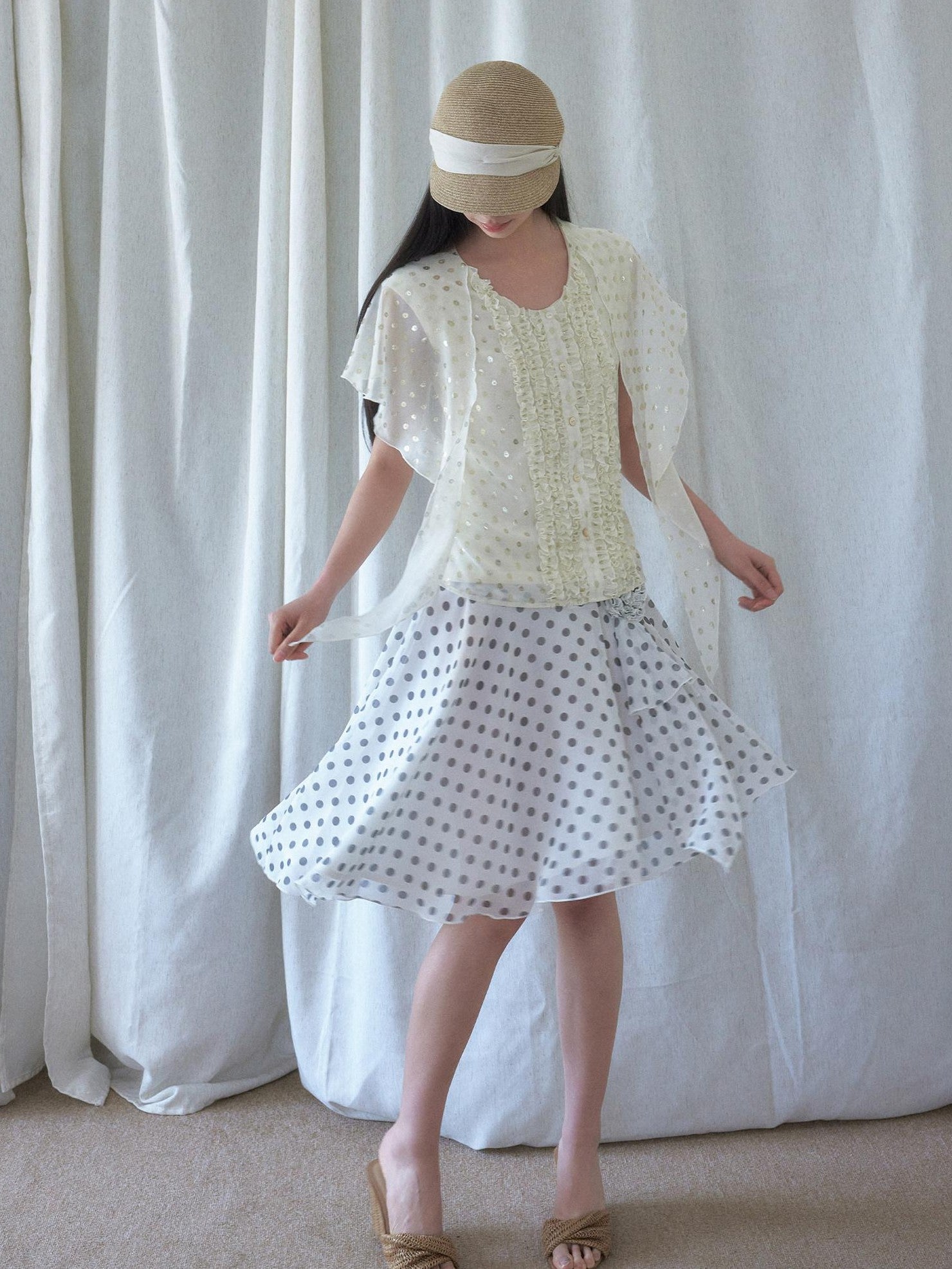 SENSELF White Vintage Polka Dot Floral Lace Asymmetrical Low Waist Women's Midi Skirts