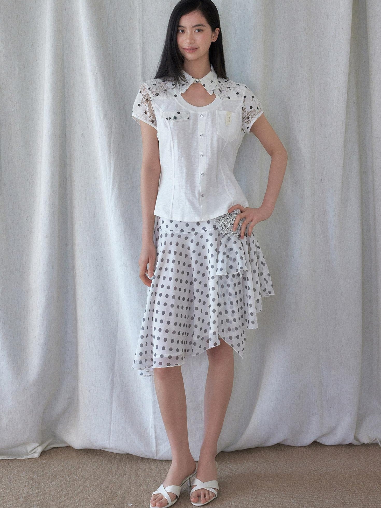 SENSELF White Vintage Polka Dot Floral Lace Asymmetrical Low Waist Women's Midi Skirts