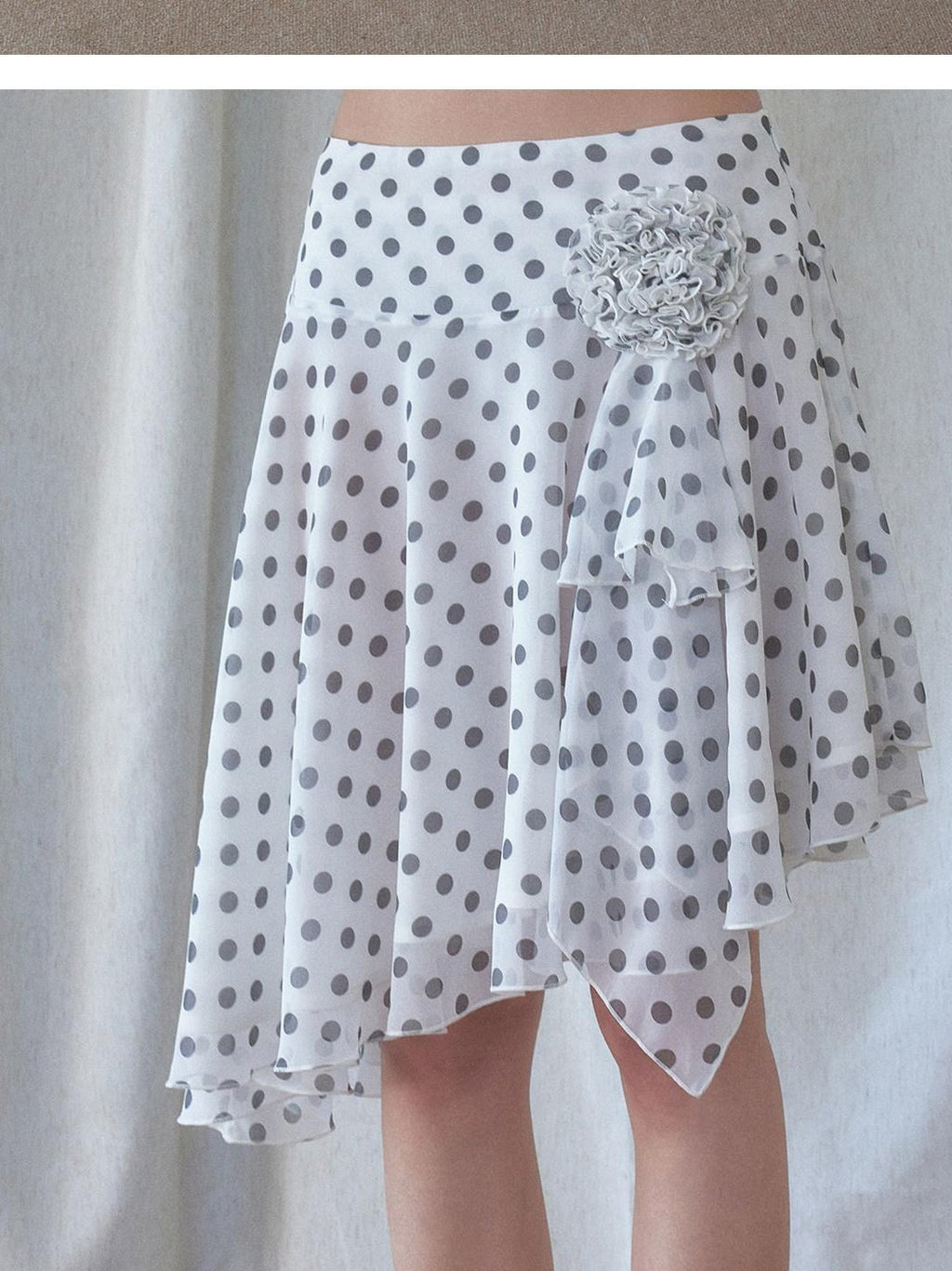 SENSELF White Vintage Polka Dot Floral Lace Asymmetrical Low Waist Women's Midi Skirts