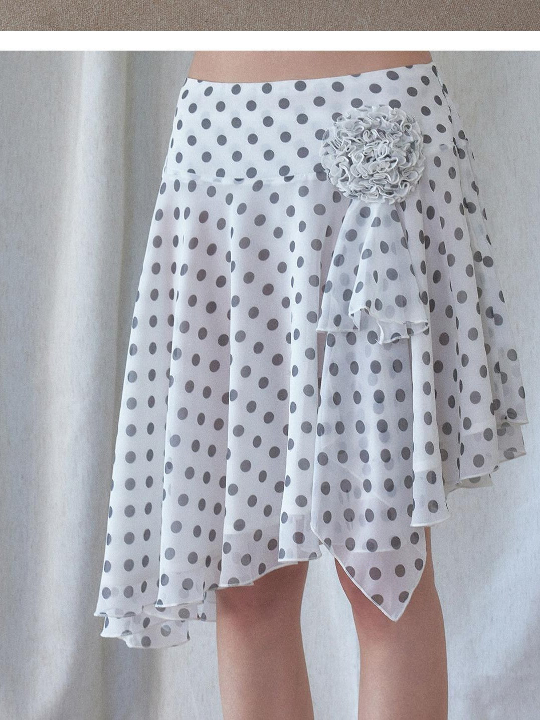 SENSELF White Vintage Polka Dot Floral Lace Asymmetrical Low Waist Women's Midi Skirts