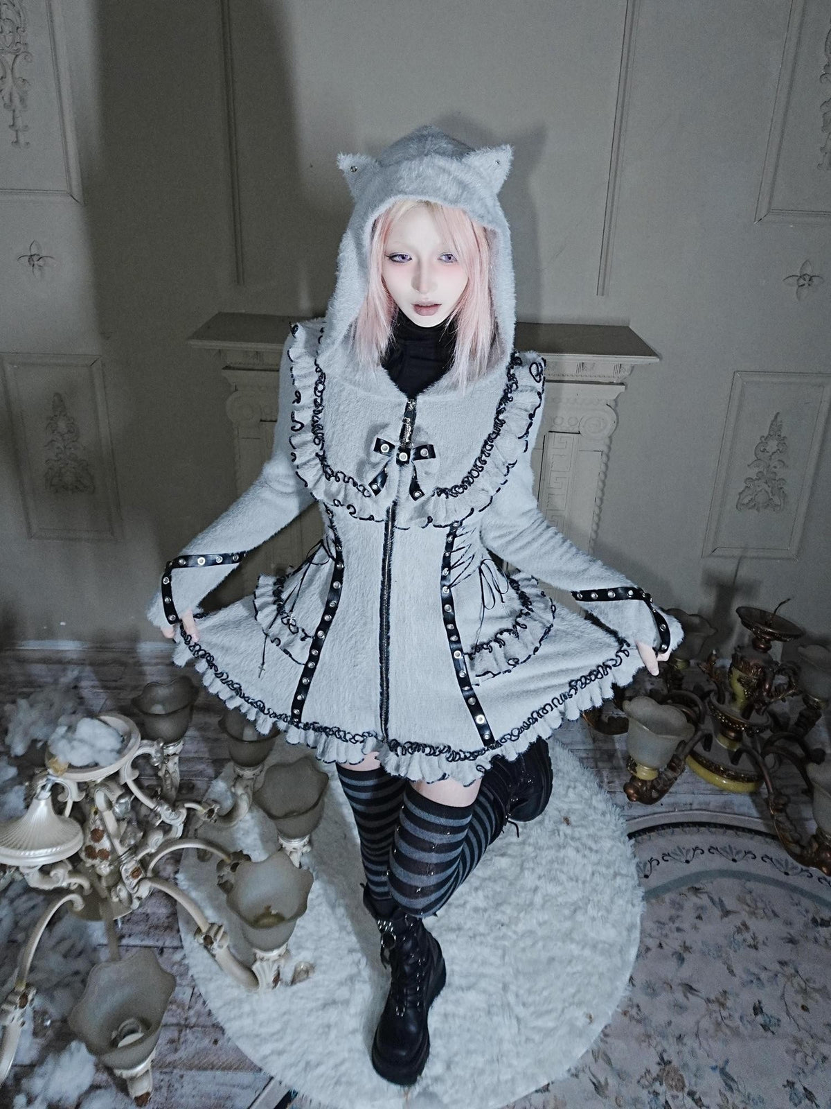 SHYSHYBITE Cat Ear Hooded Bow Zip Up Fitted Knit Women's Casual Mini Dresses