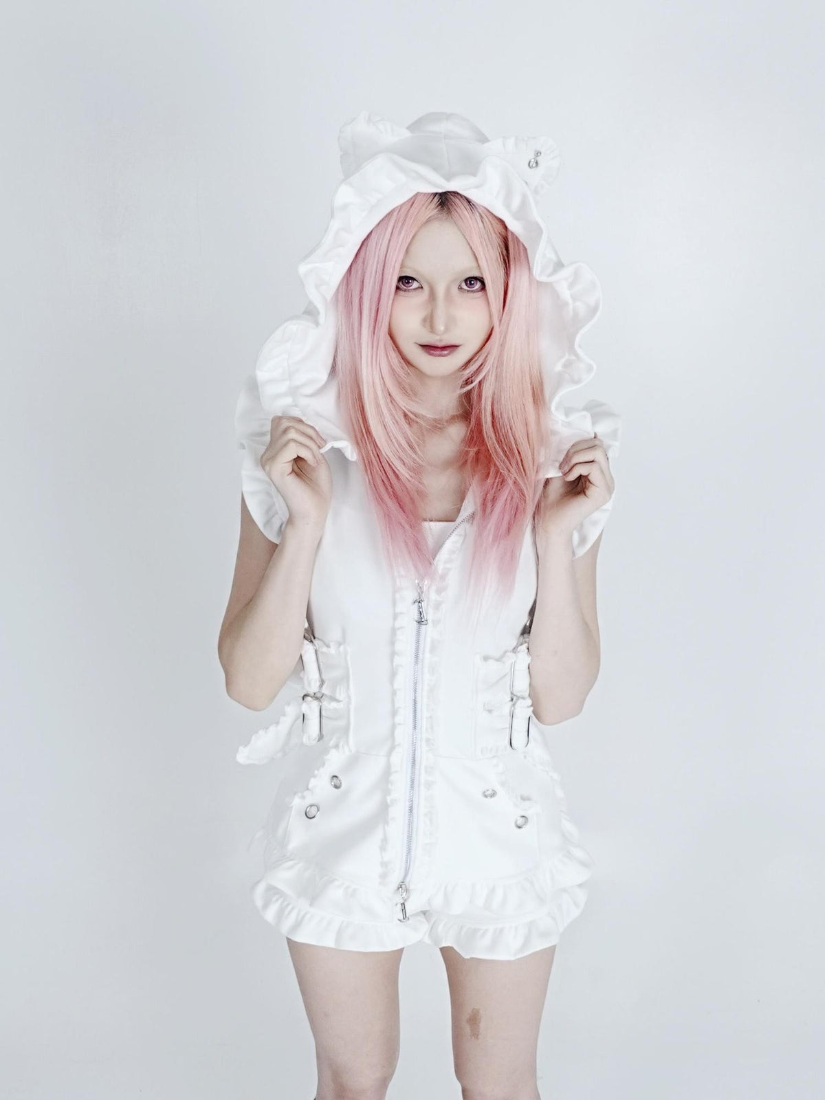 SHYSHYBITE Cat Ear Ruffle Slim Fit Hooded Cotton Blend Women's Tank Tops