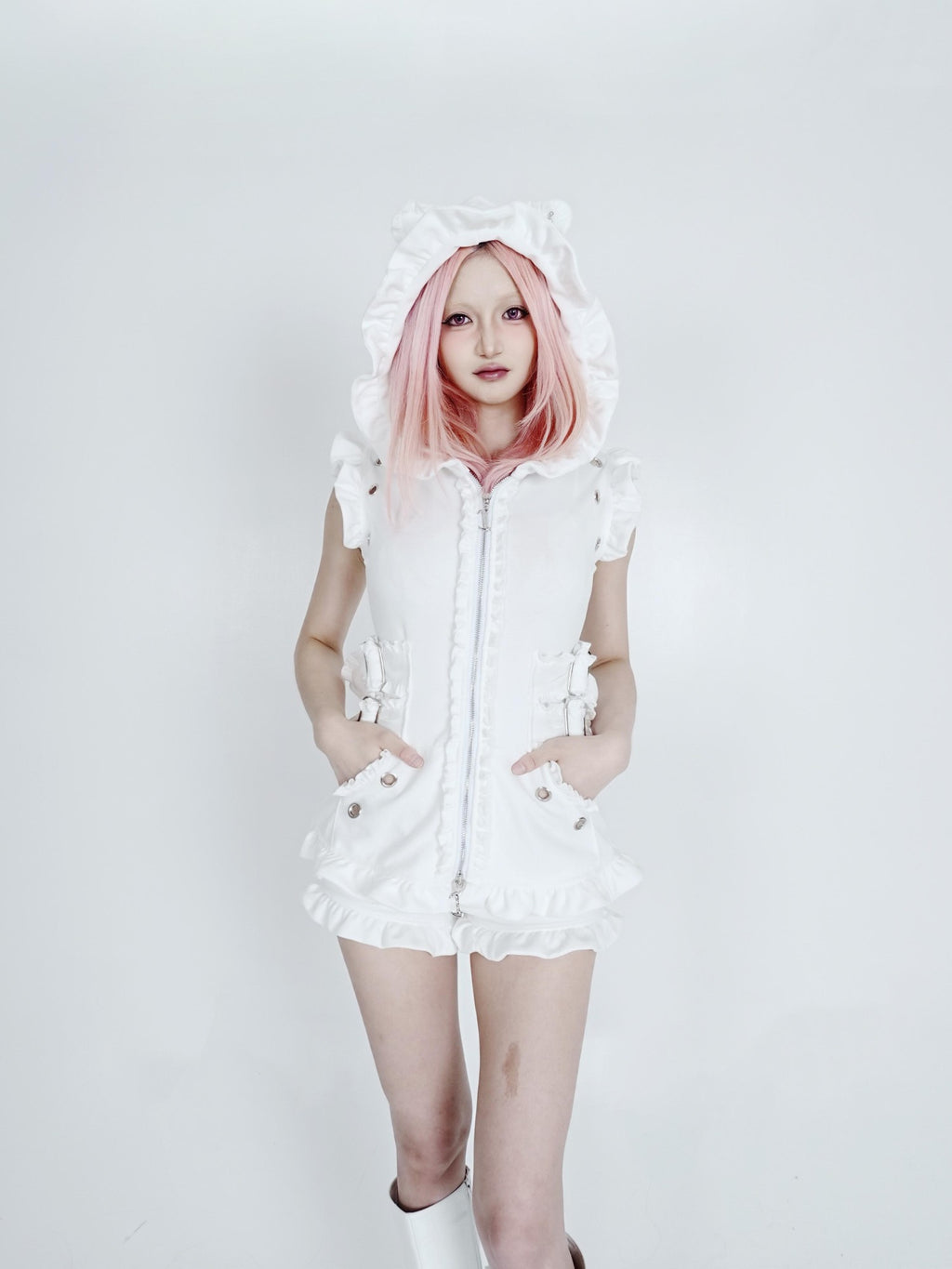 SHYSHYBITE Cat Ear Ruffle Slim Fit Hooded Cotton Blend Women's Tank Tops