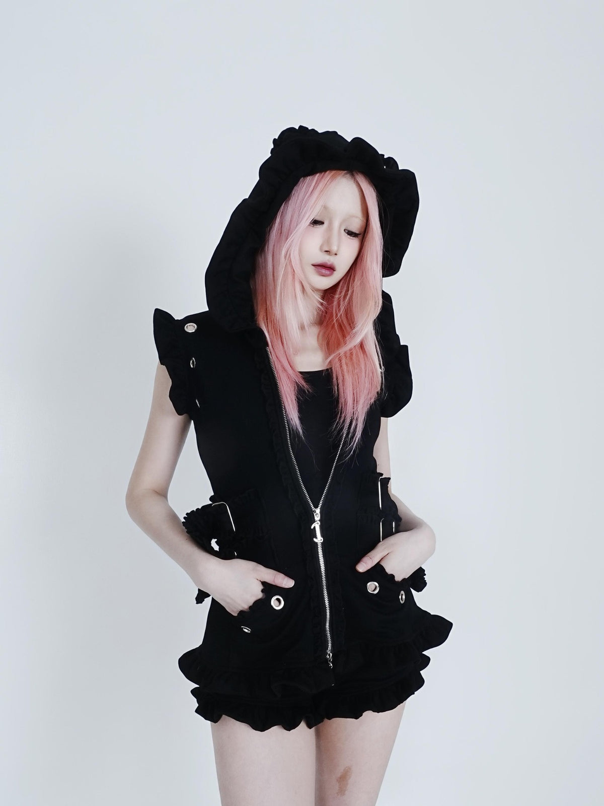 SHYSHYBITE Cat Ear Ruffle Slim Fit Hooded Cotton Blend Women's Tank Tops