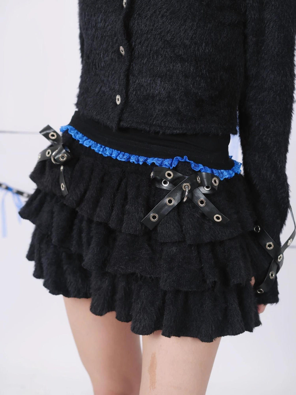 SHYSHYBITE Flocked Bow Ruched Ruffle Knit High Stretch Women's Wool Tiered Skirts
