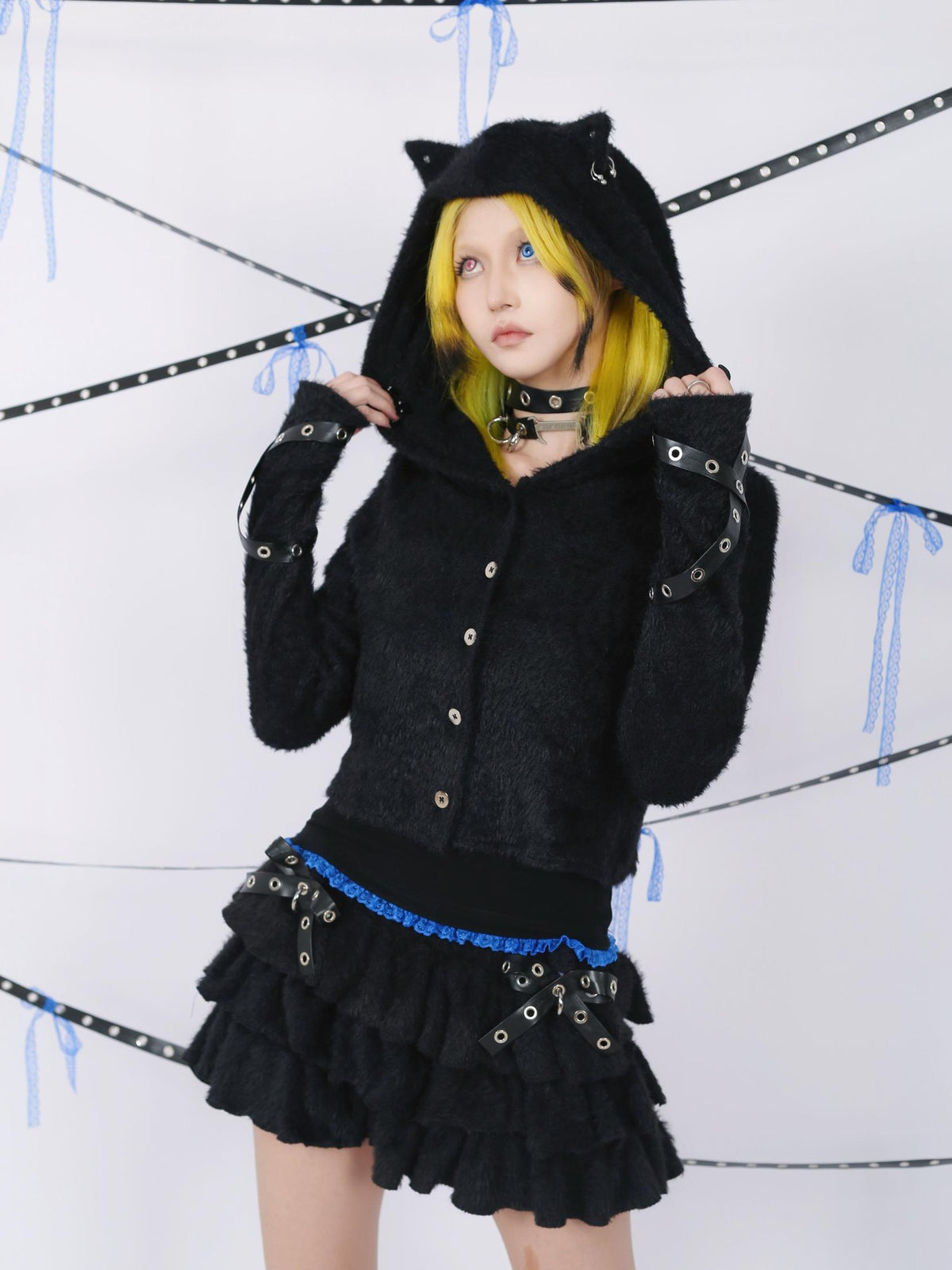 SHYSHYBITE Flocked Bow Ruched Ruffle Knit High Stretch Women's Wool Tiered Skirts