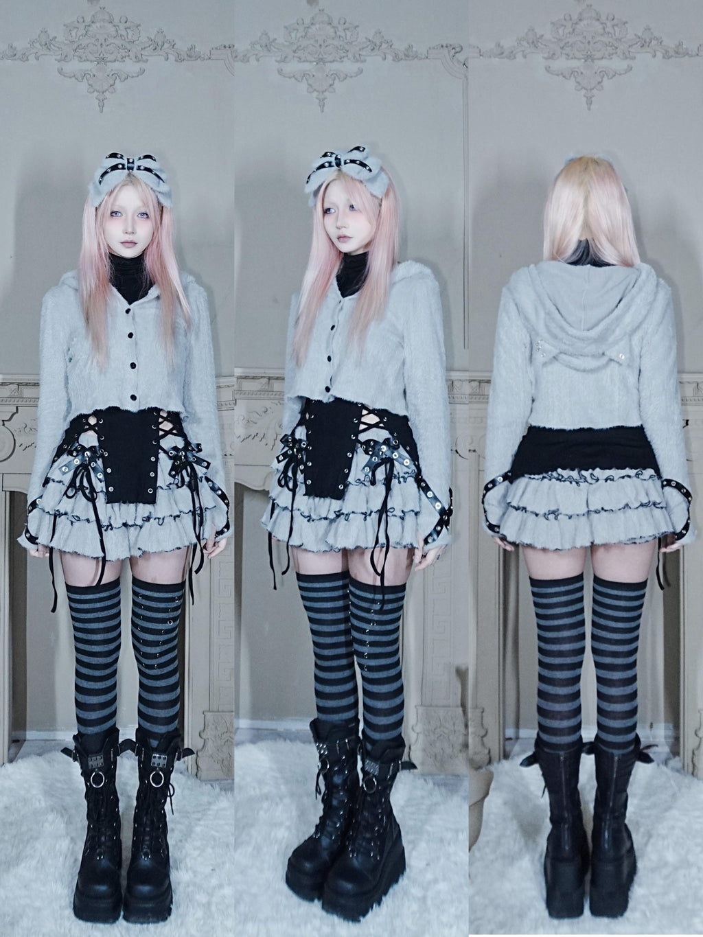 SHYSHYBITE Fuzzy Knit Bow Color Block Elastic Waist Women's Tiered Skirts