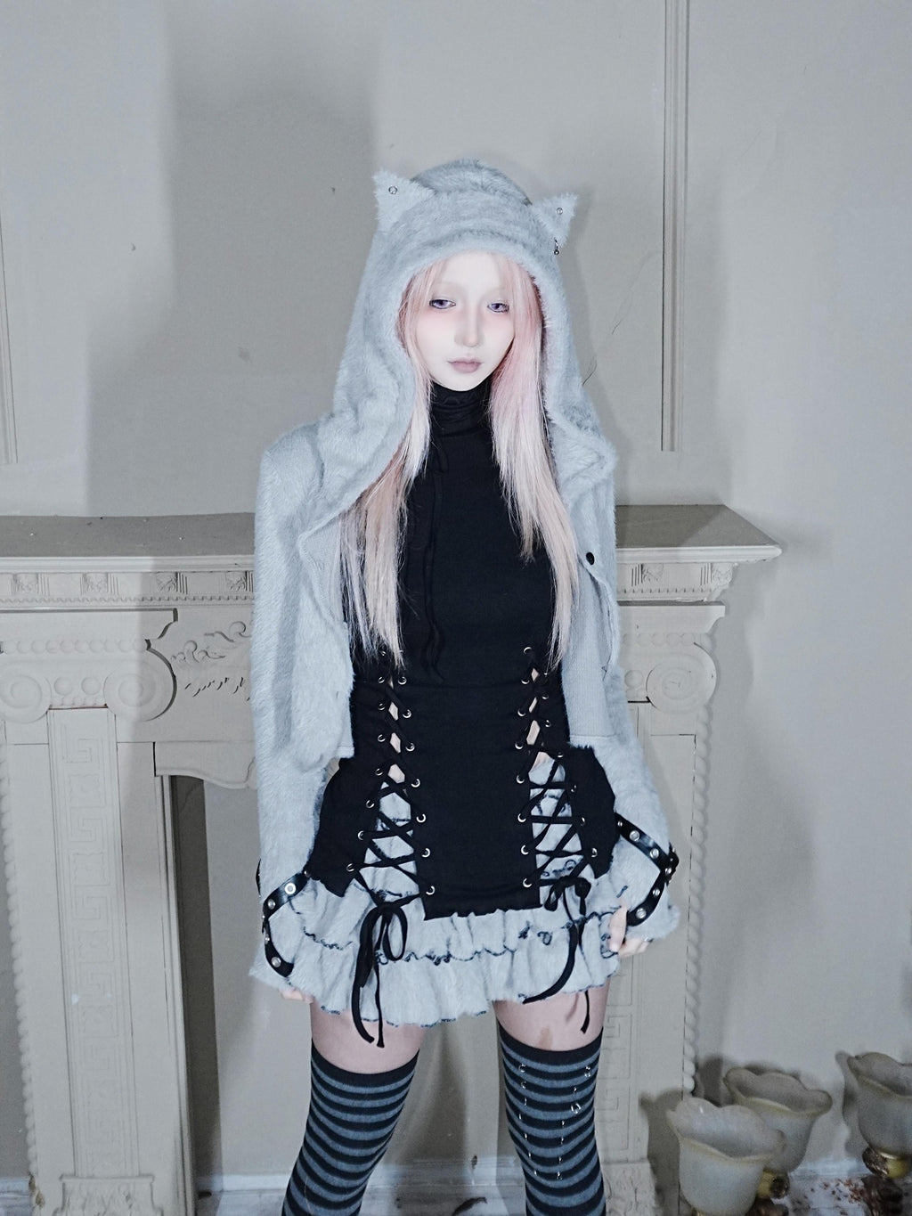 SHYSHYBITE Fuzzy Knit Bow Color Block Elastic Waist Women's Tiered Skirts